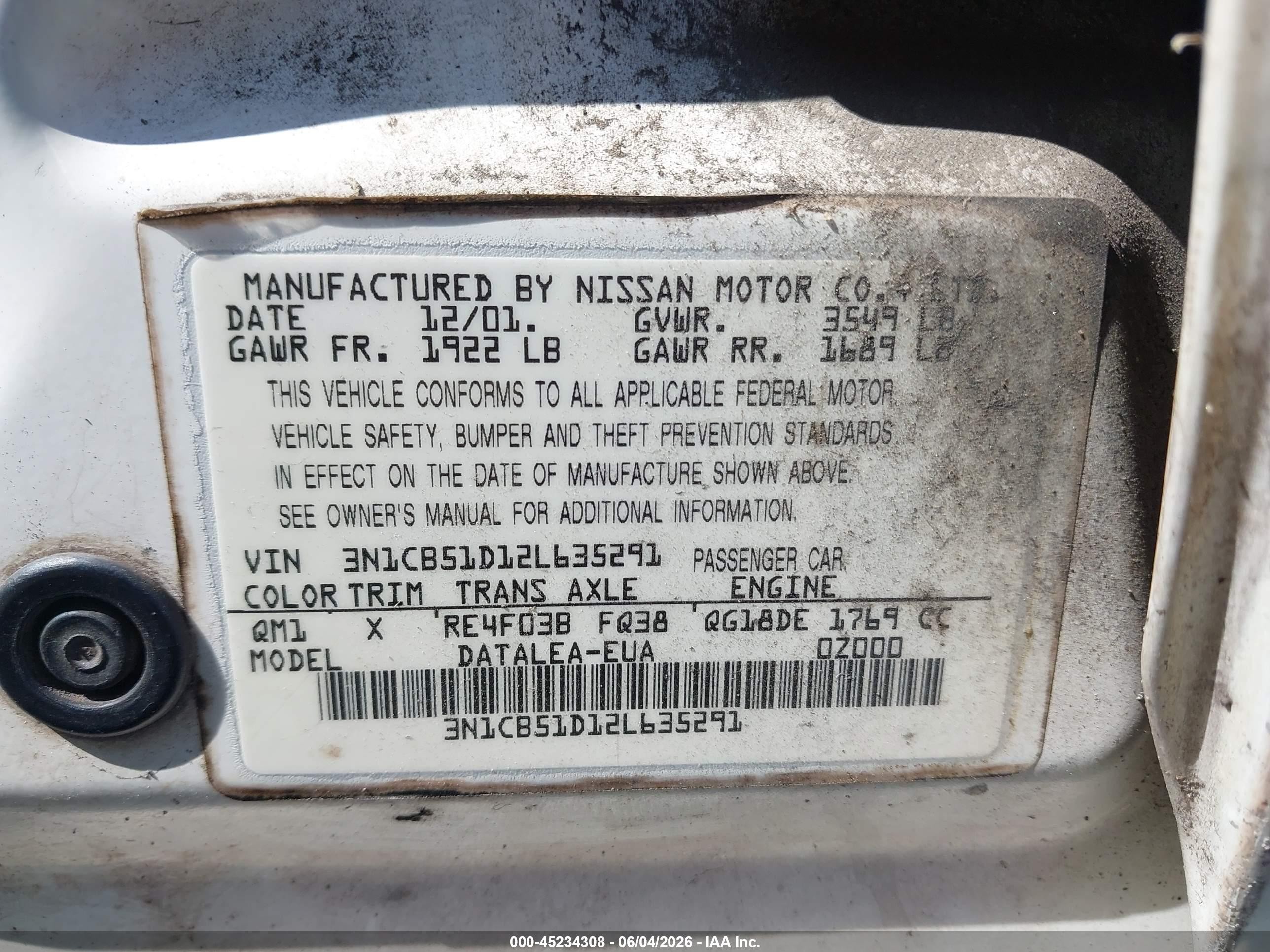 2002 Nissan Sentra Gxe White vin: 3N1CB51D12L635291