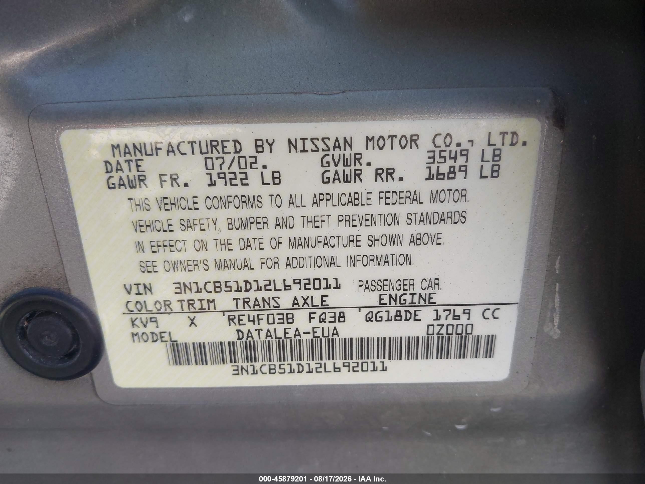 2002 Nissan Sentra Gxe Silver vin: 3N1CB51D12L692011
