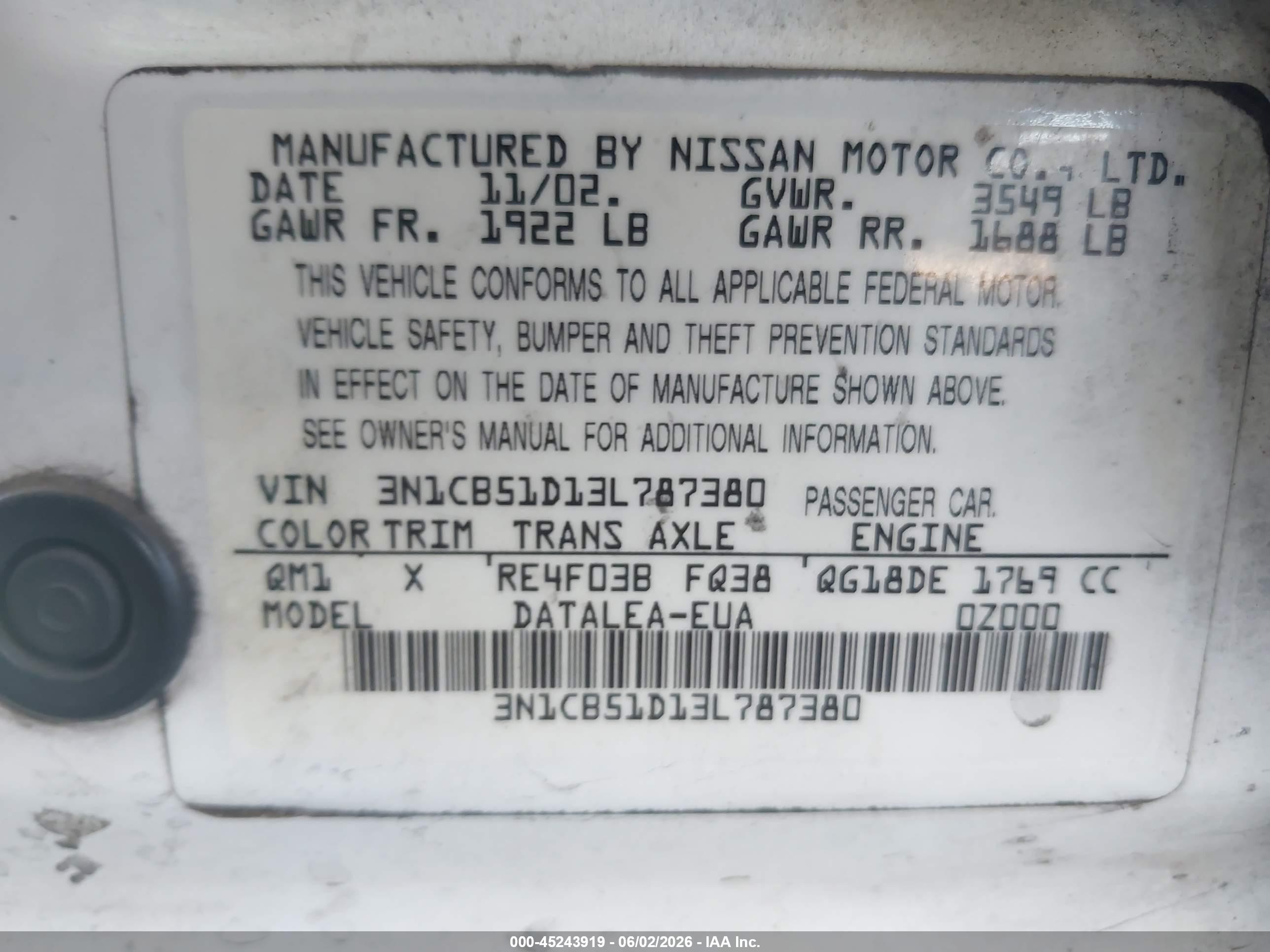 2003 Nissan Sentra Gxe White vin: 3N1CB51D13L787380