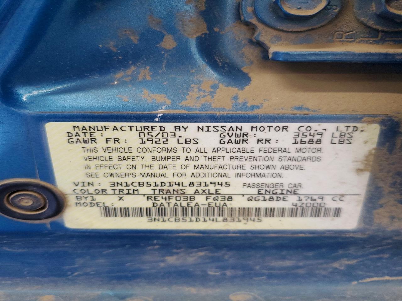 2004 Nissan Sentra 1.8 Blue vin: 3N1CB51D14L831945