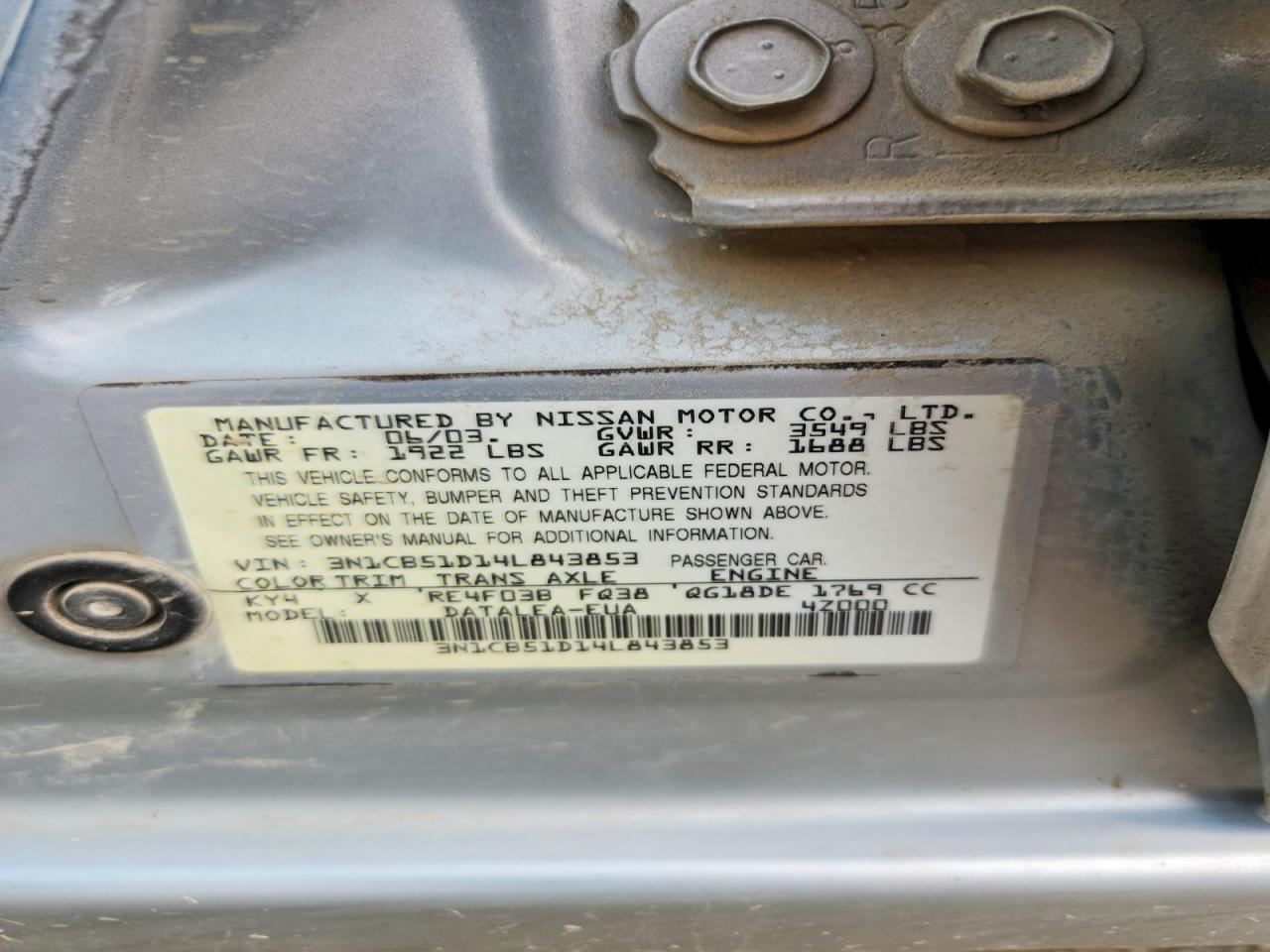 2004 Nissan Sentra 1.8 Silver vin: 3N1CB51D14L843853