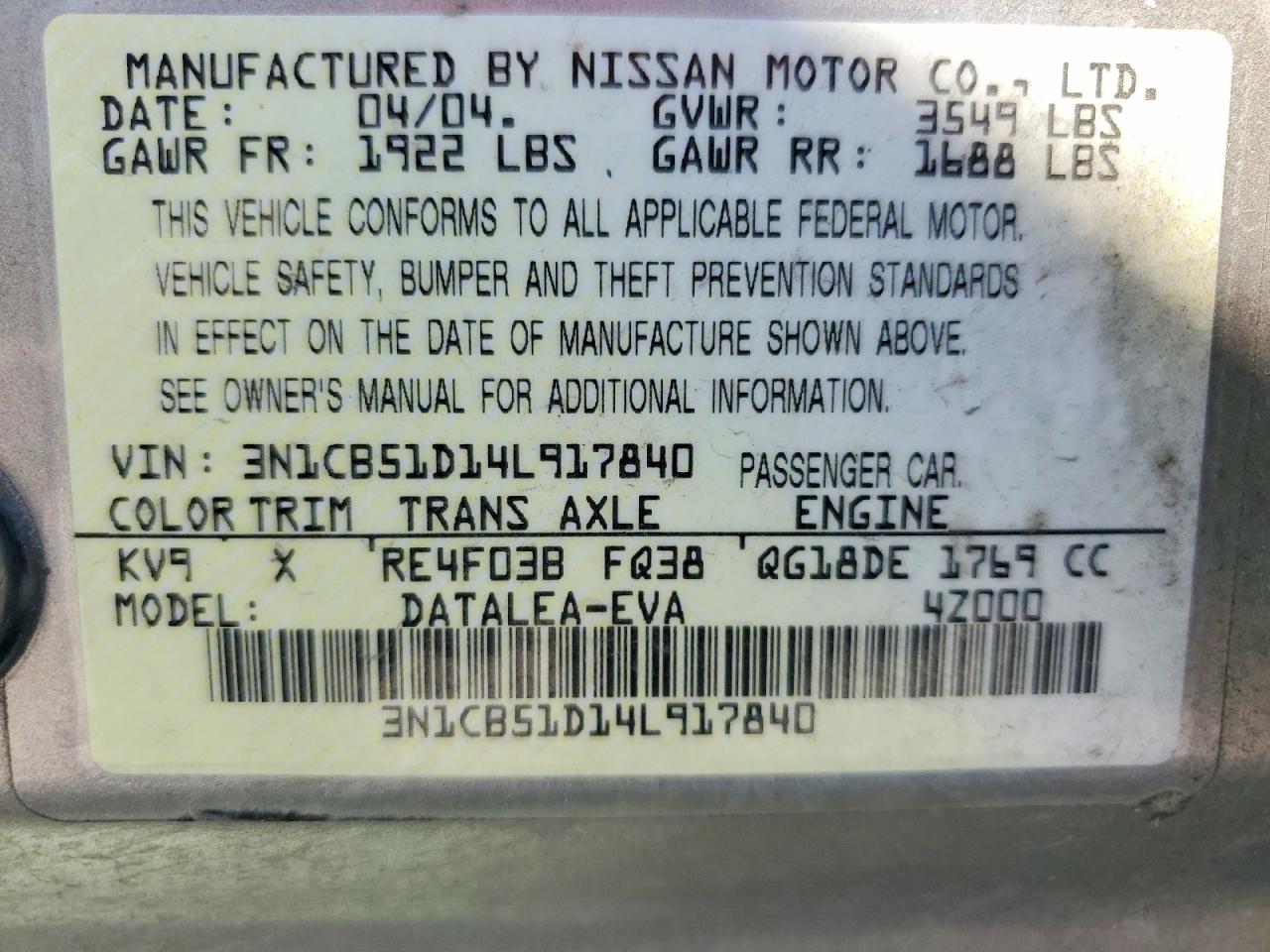2004 Nissan Sentra 1.8 Beige vin: 3N1CB51D14L917840