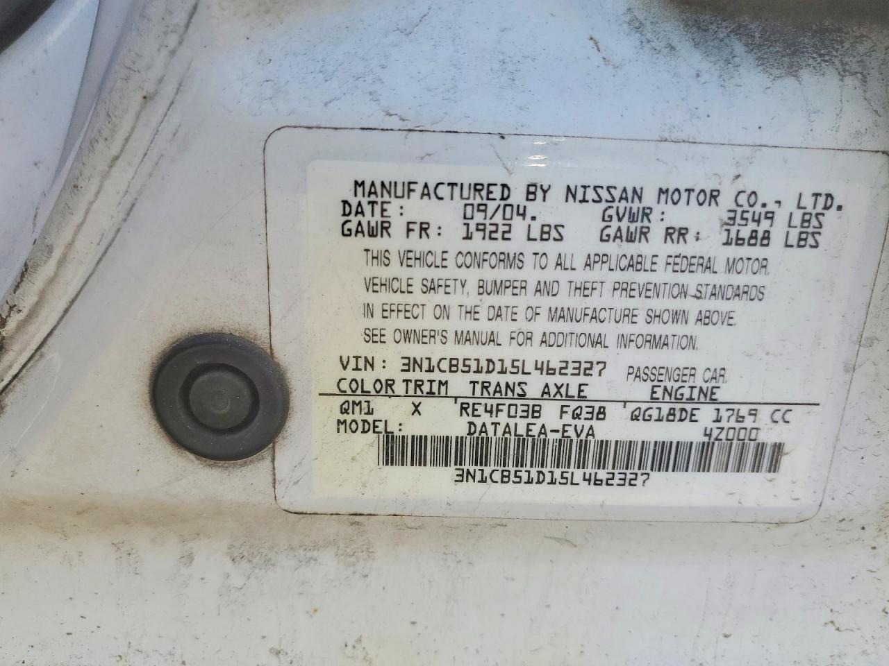 2005 Nissan Sentra 1.8 White vin: 3N1CB51D15L462327