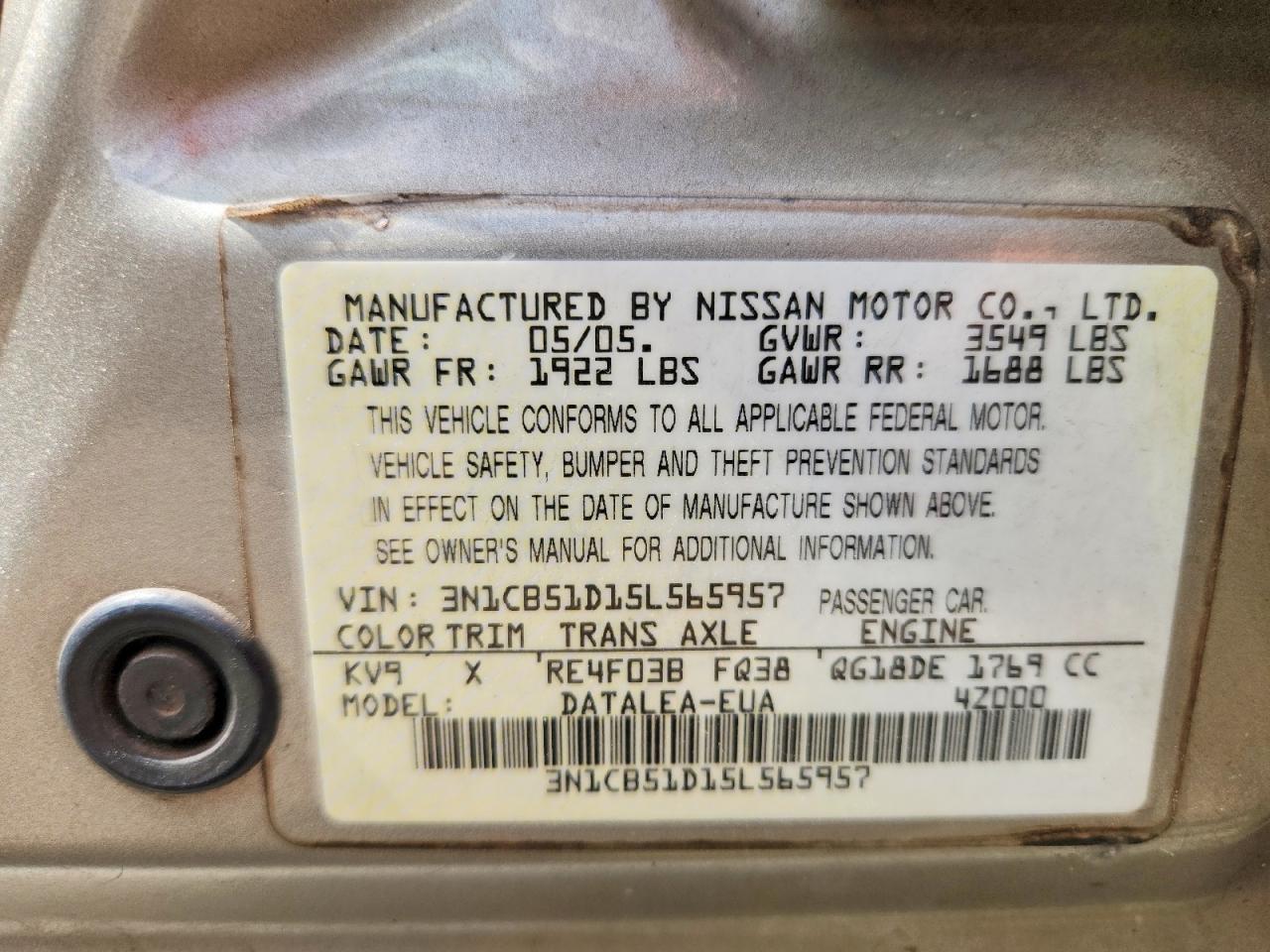 2005 Nissan Sentra 1.8 Gray vin: 3N1CB51D15L565957