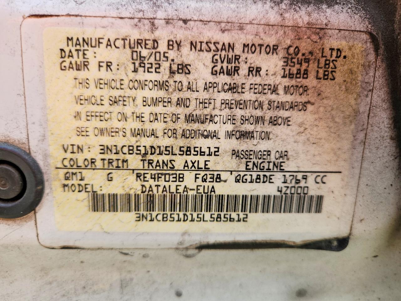 2005 Nissan Sentra 1.8 White vin: 3N1CB51D15L585612