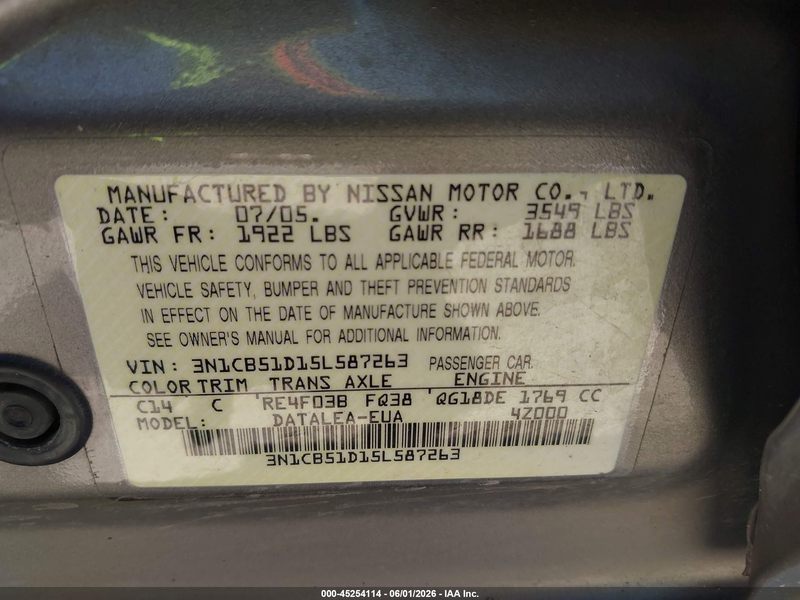 2005 Nissan Sentra 1.8s Gray vin: 3N1CB51D15L587263