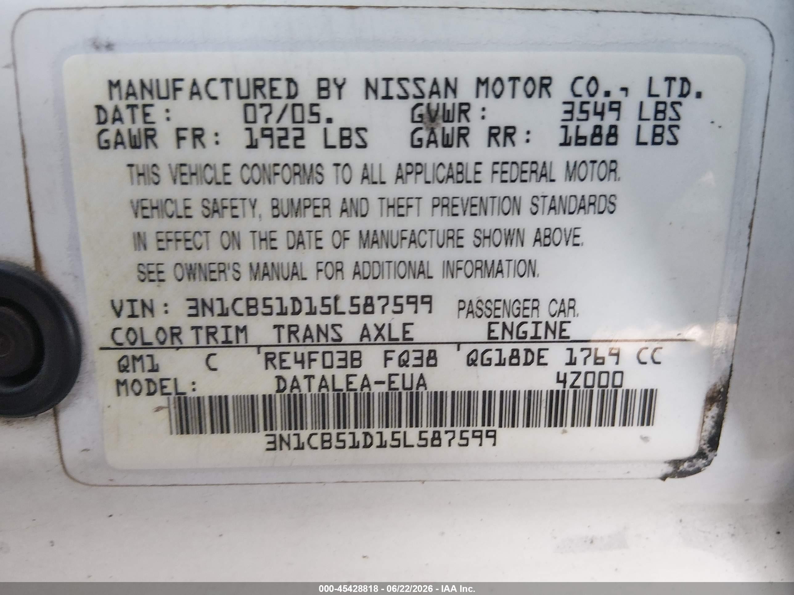 2005 Nissan Sentra 1.8s White vin: 3N1CB51D15L587599