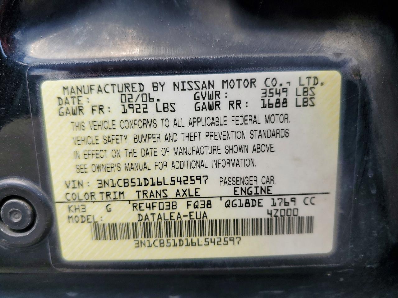 2006 Nissan Sentra 1.8 Черный vin: 3N1CB51D16L542597