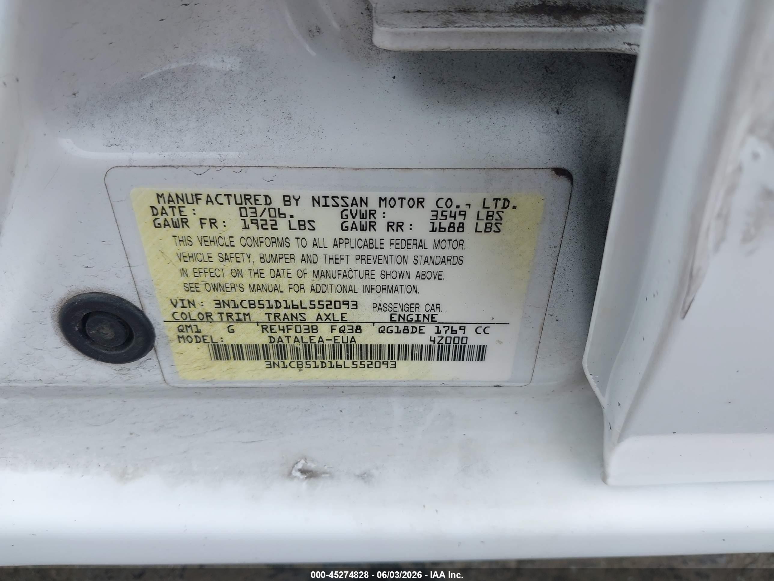 2006 Nissan Sentra 1.8s White vin: 3N1CB51D16L552093