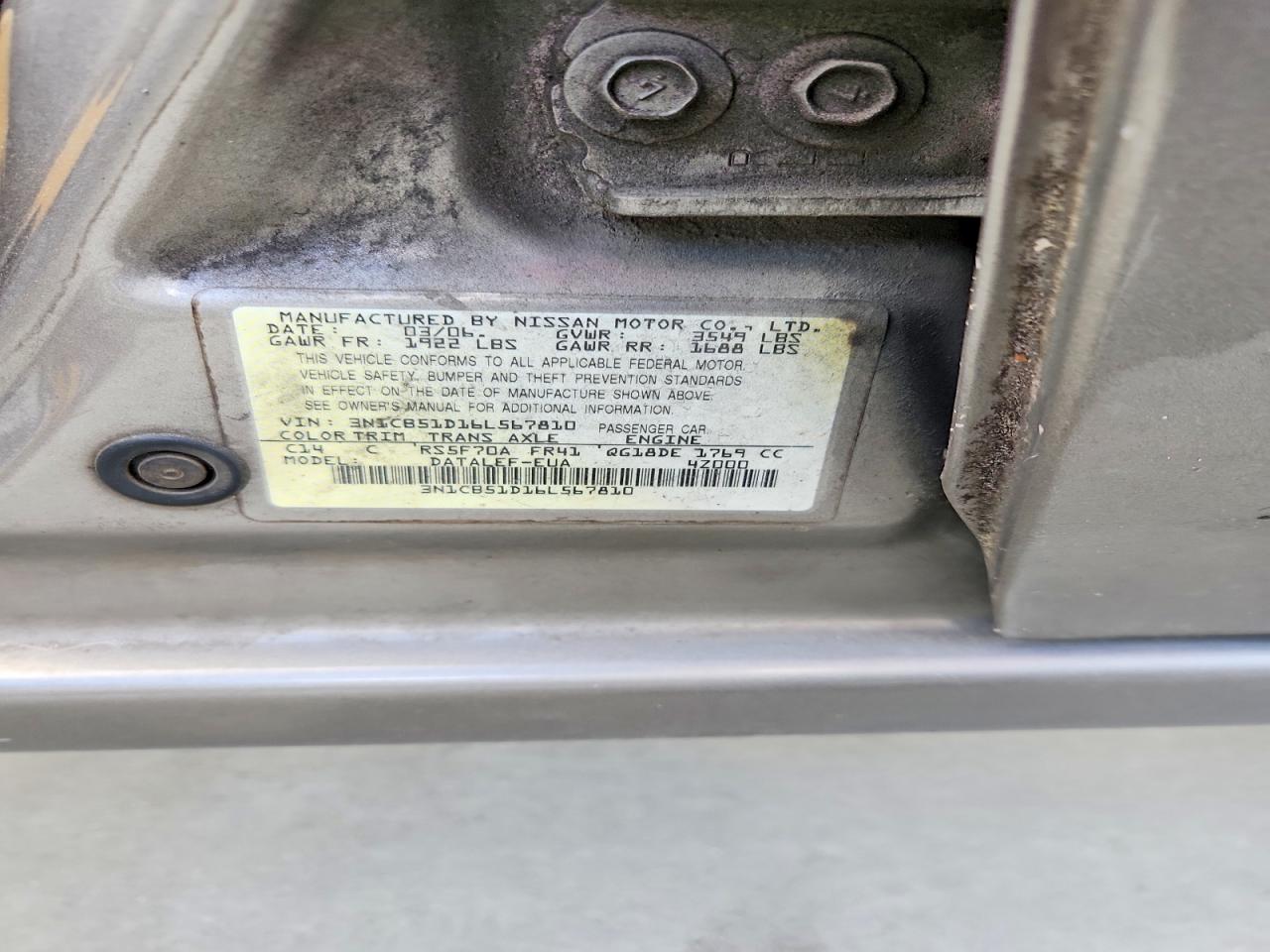 2006 Nissan Sentra 1.8 Желто-коричневый vin: 3N1CB51D16L567810