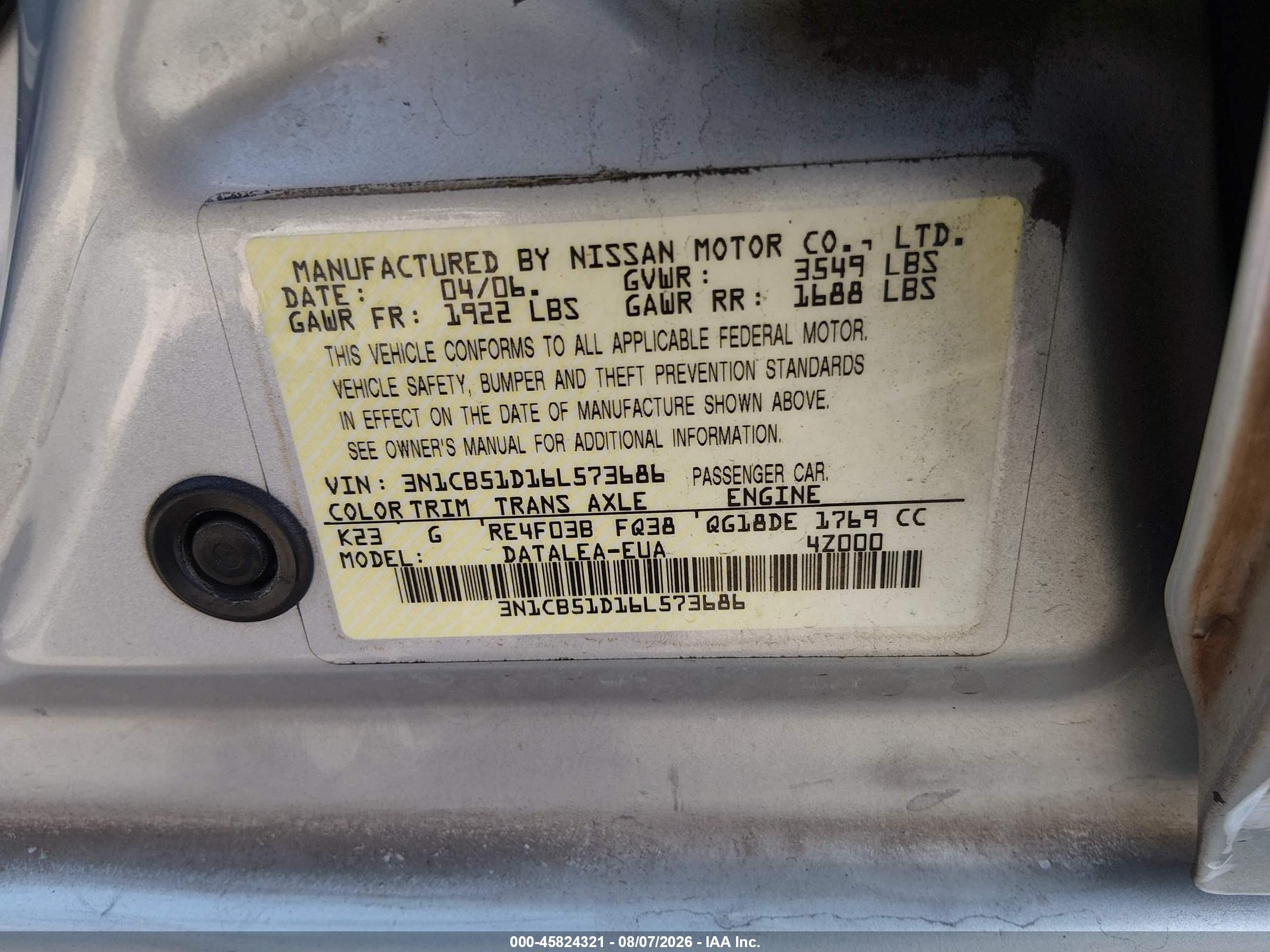 2006 Nissan Sentra 1.8s Silver vin: 3N1CB51D16L573686
