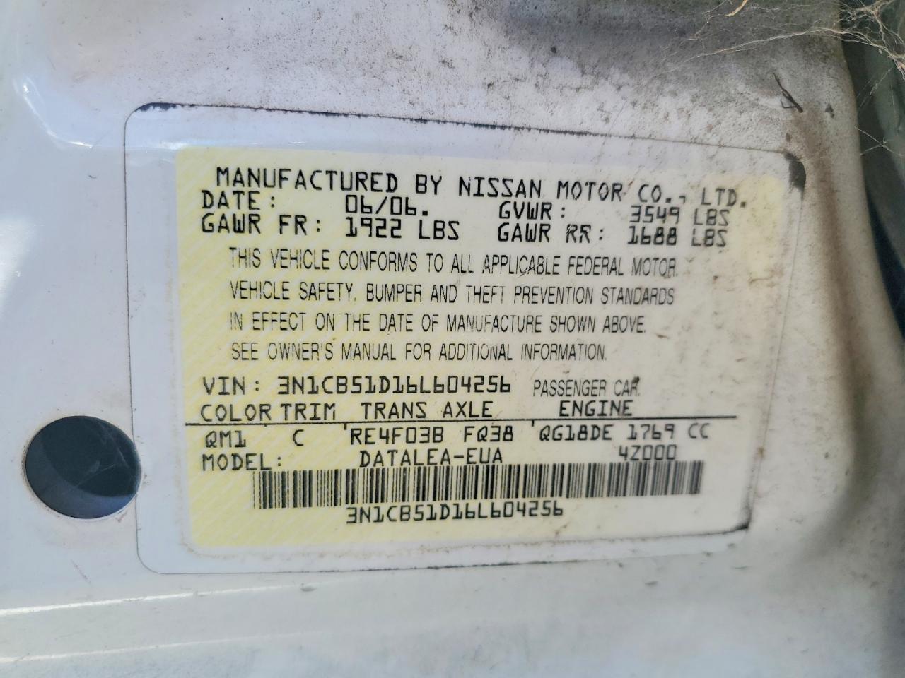 2006 Nissan Sentra 1.8 White vin: 3N1CB51D16L604256