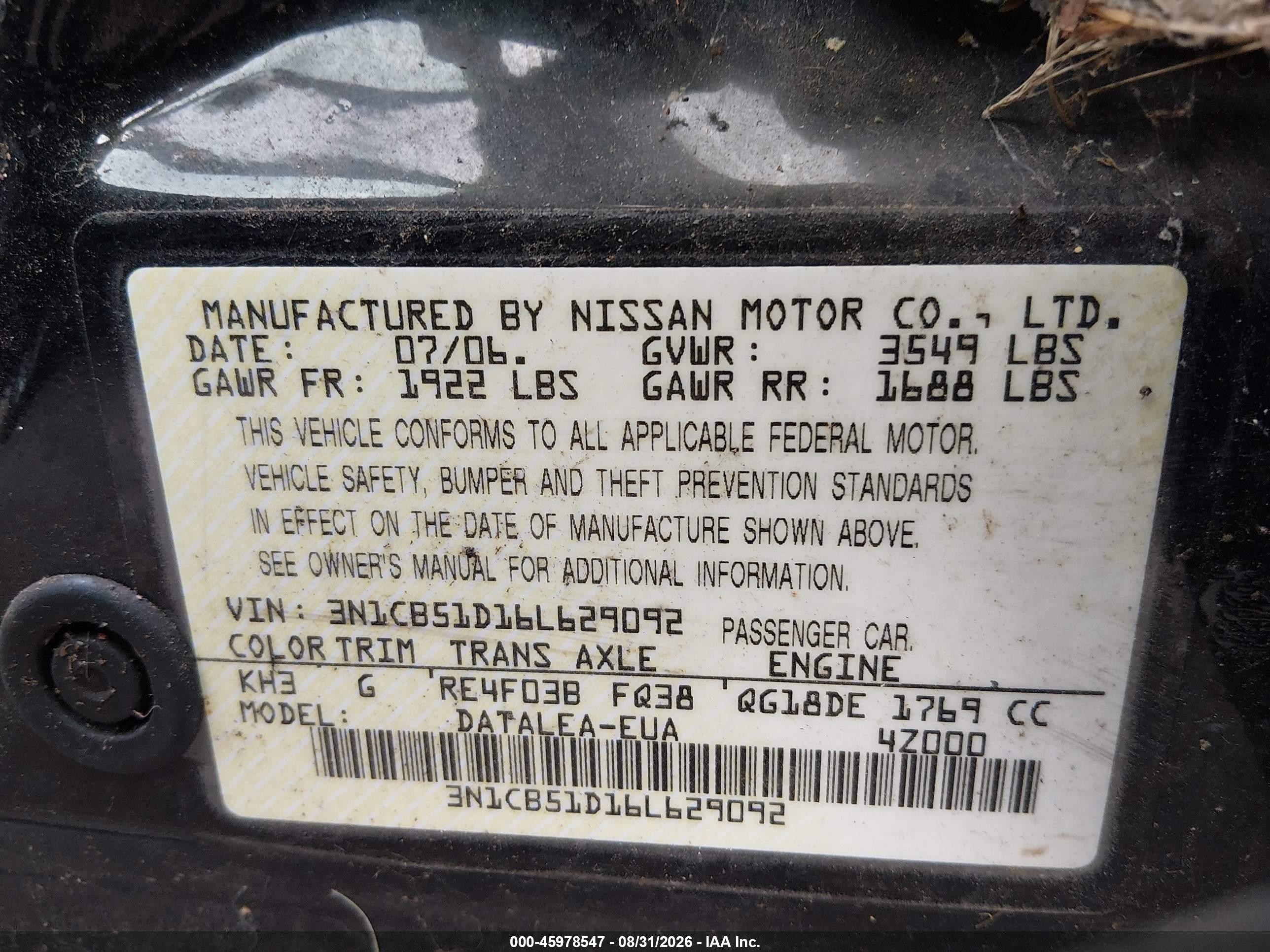 2006 Nissan Sentra 1.8s Черный vin: 3N1CB51D16L629092