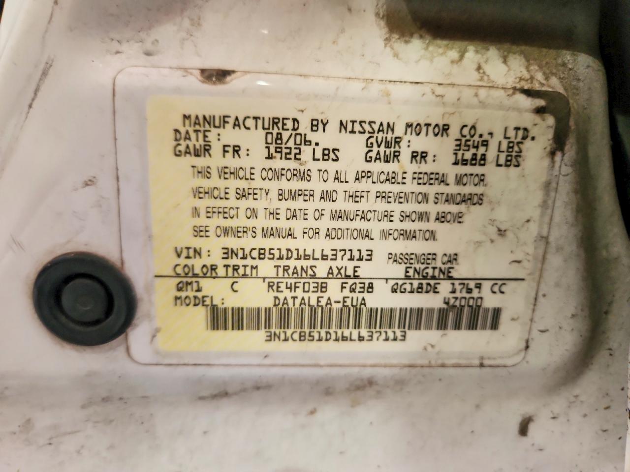 2006 Nissan Sentra 1.8 White vin: 3N1CB51D16L637113