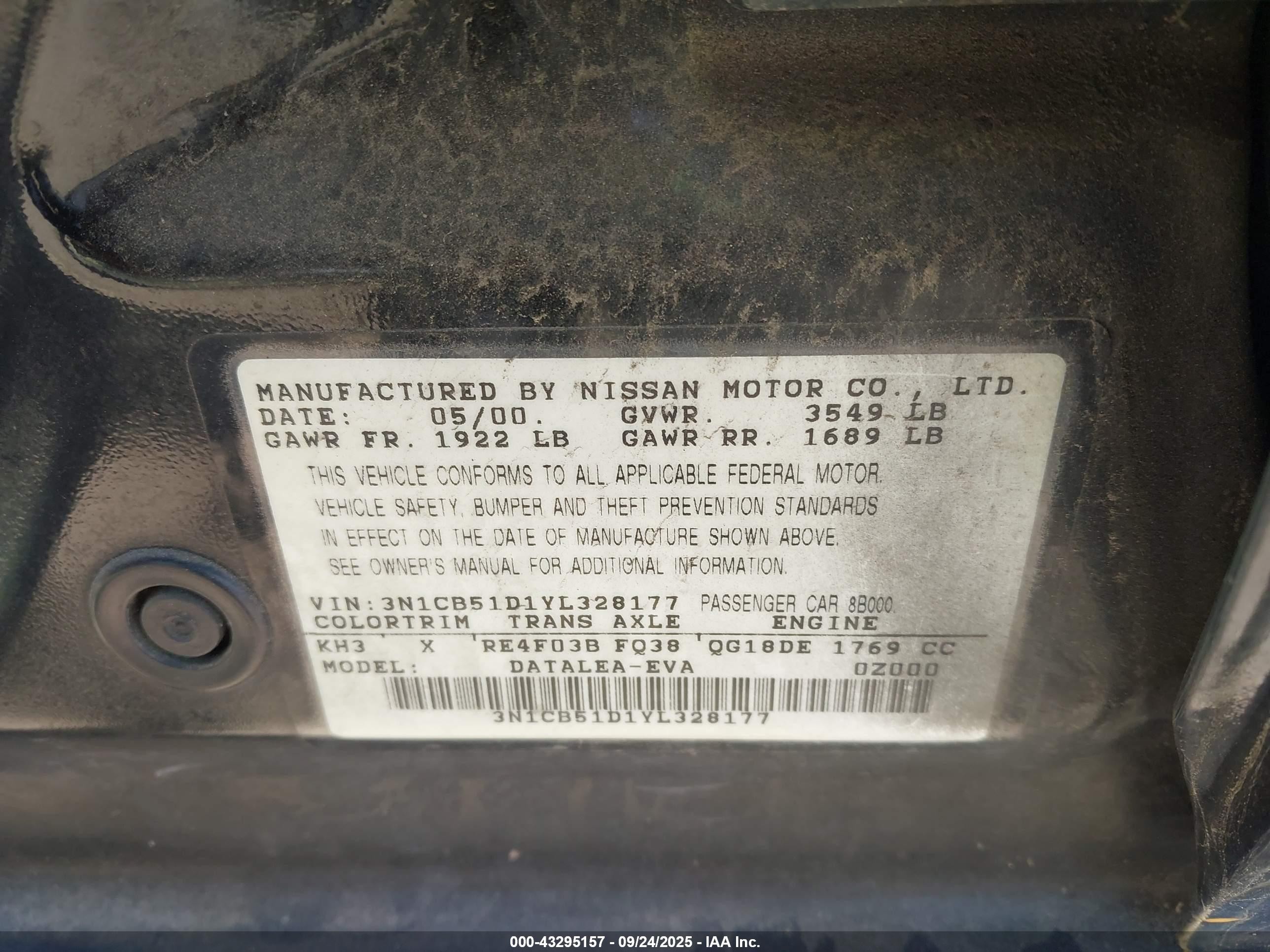 2000 Nissan Sentra Gxe/xe Black vin: 3N1CB51D1YL328177
