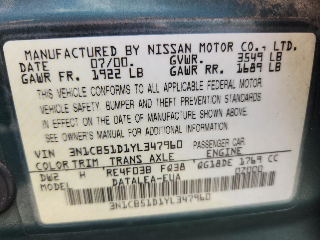 2000 Nissan Sentra Base Green vin: 3N1CB51D1YL347960