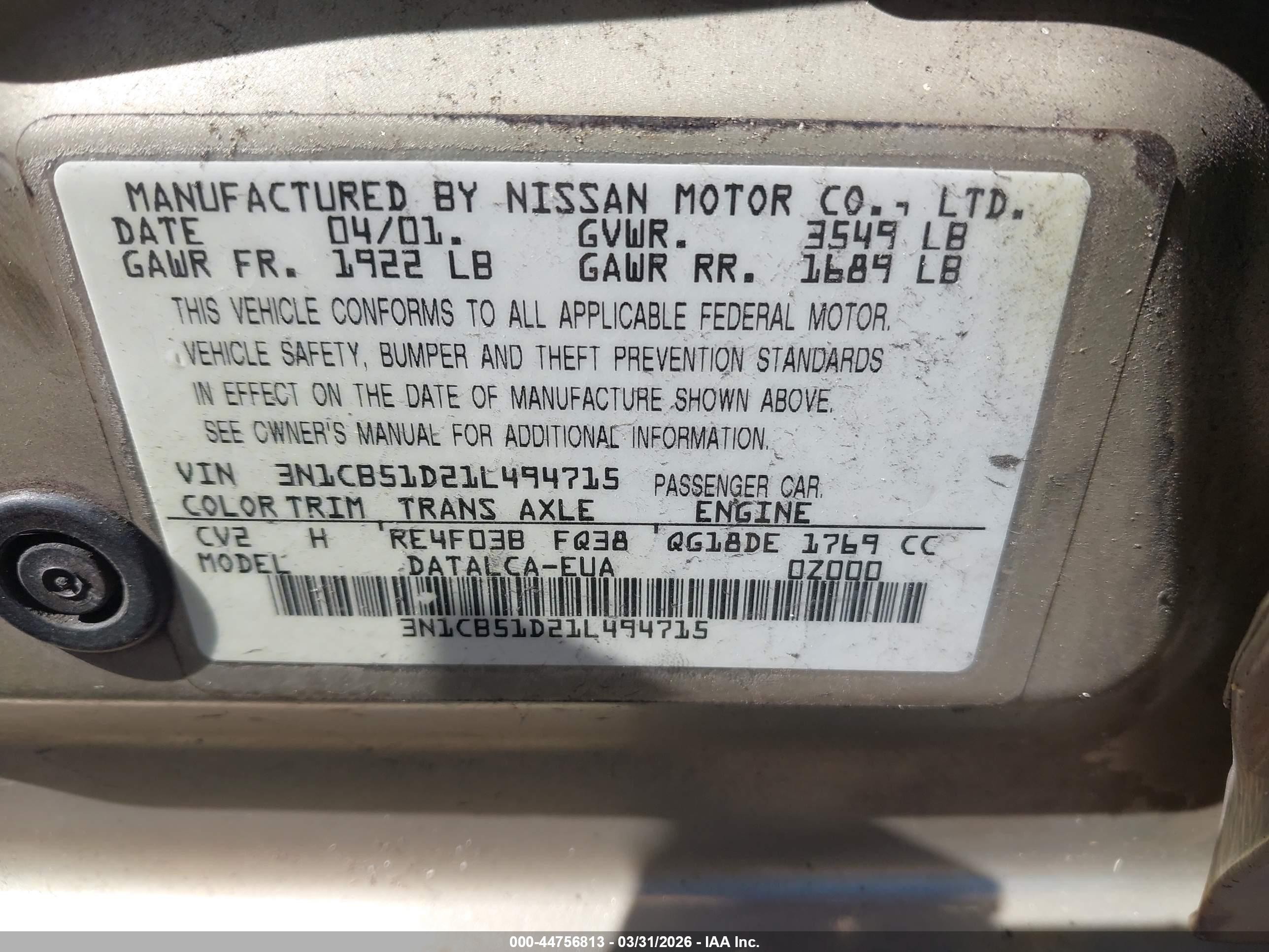 2001 Nissan Sentra Xe Золотой vin: 3N1CB51D21L494715