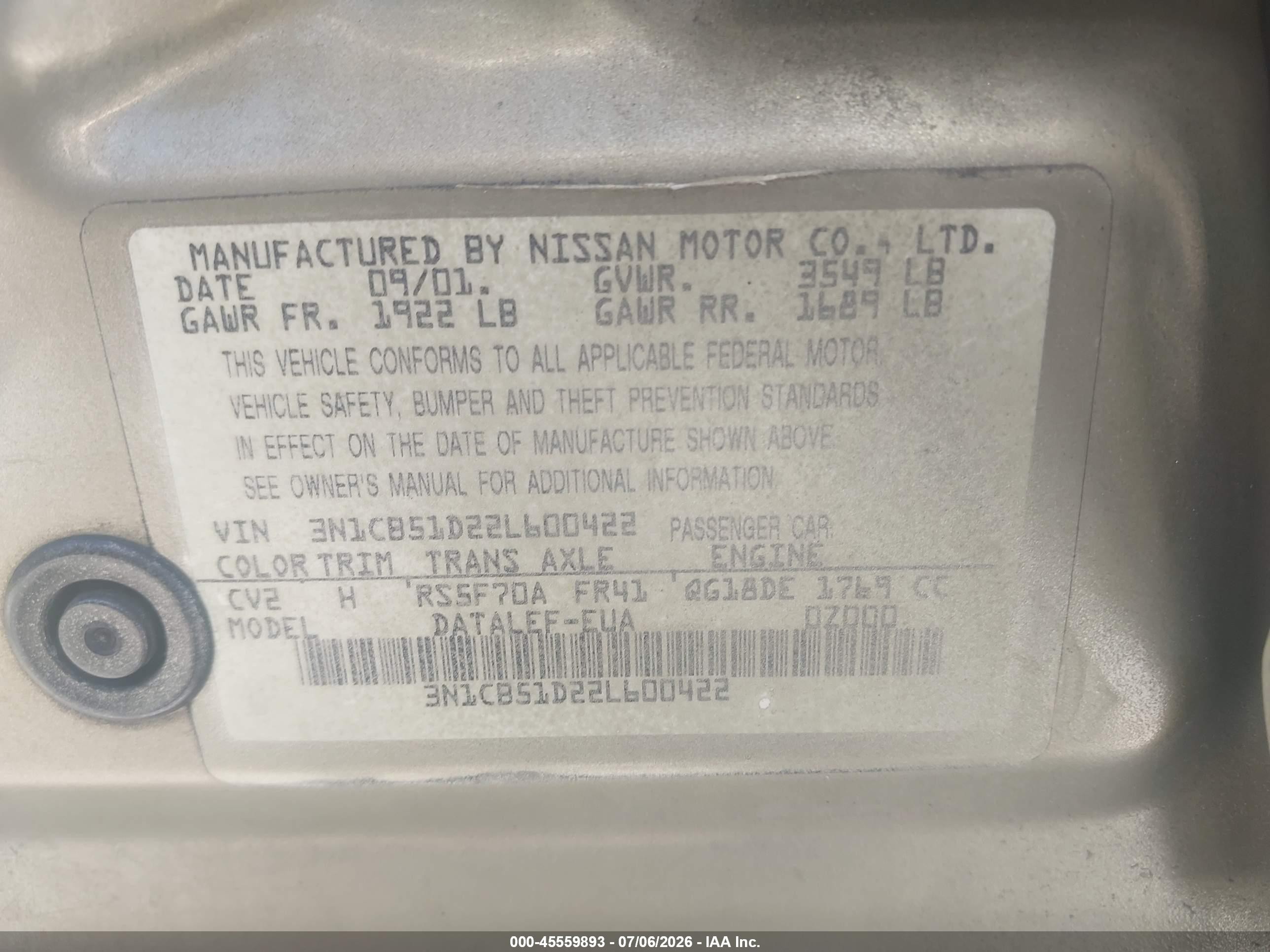 2002 Nissan Sentra Gxe Champagne vin: 3N1CB51D22L600422