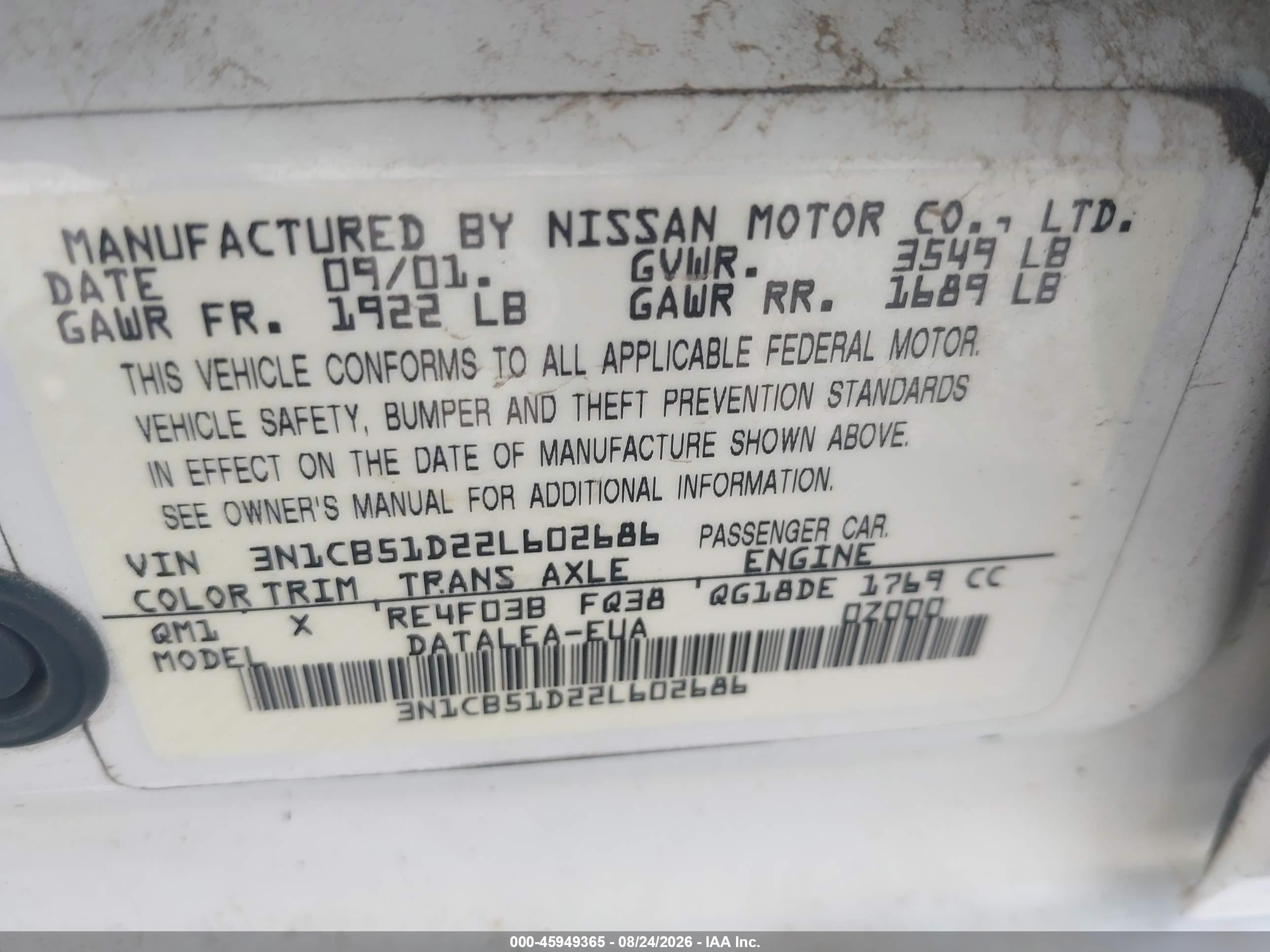 2002 Nissan Sentra Gxe White vin: 3N1CB51D22L602686