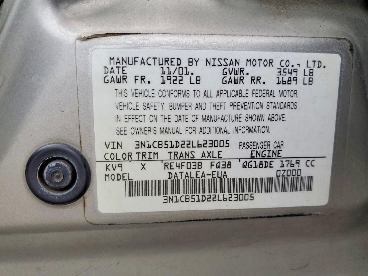 2002 Nissan Sentra Бежевый vin: 3N1CB51D22L623005