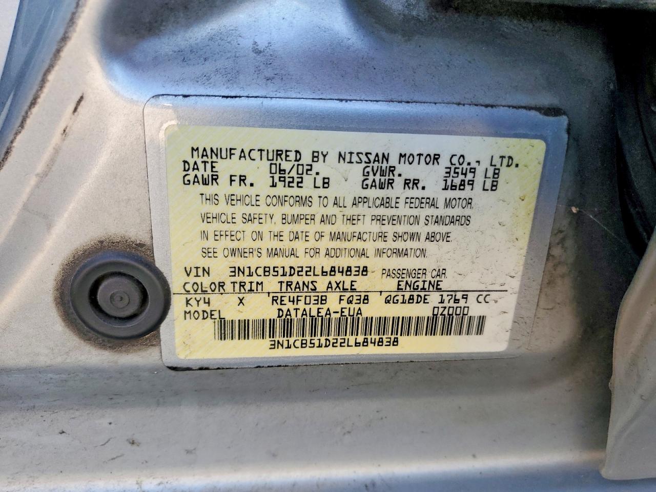 2002 Nissan Sentra Xe Silver vin: 3N1CB51D22L684838