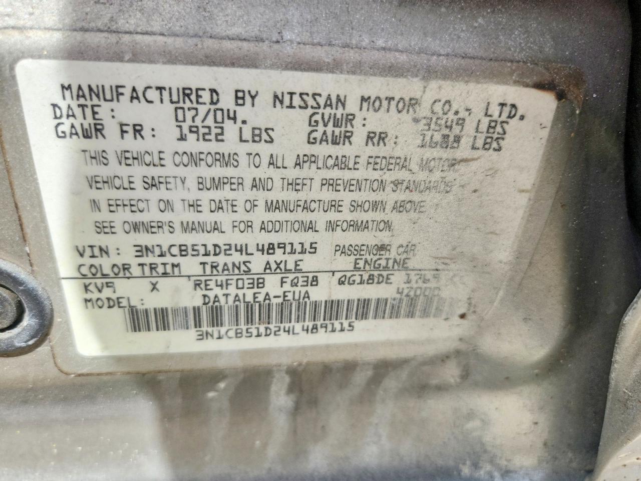 2004 Nissan Sentra 1.8 Gray vin: 3N1CB51D24L489115