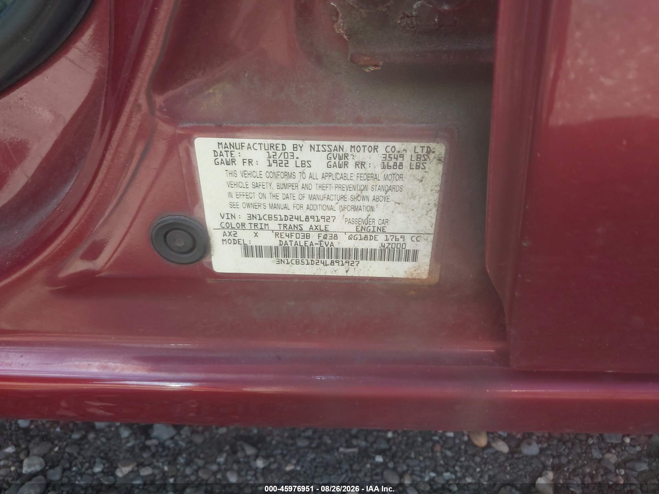 2004 Nissan Sentra 1.8s Red vin: 3N1CB51D24L891927
