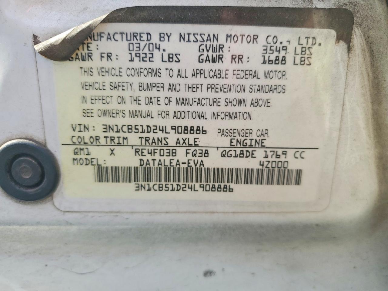 2004 Nissan Sentra 1.8 White vin: 3N1CB51D24L908886
