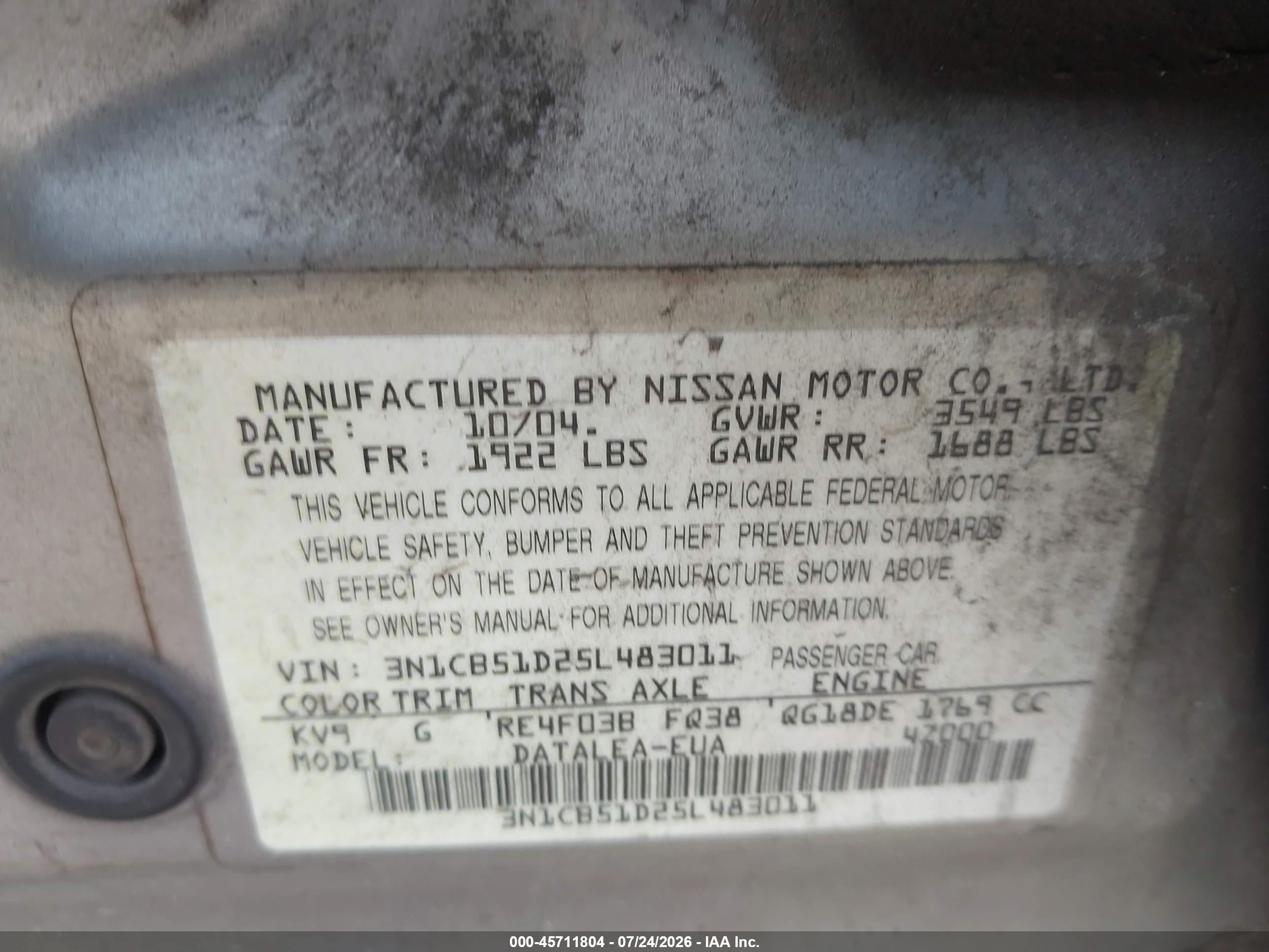 2005 Nissan Sentra 1.8s Beige vin: 3N1CB51D25L483011