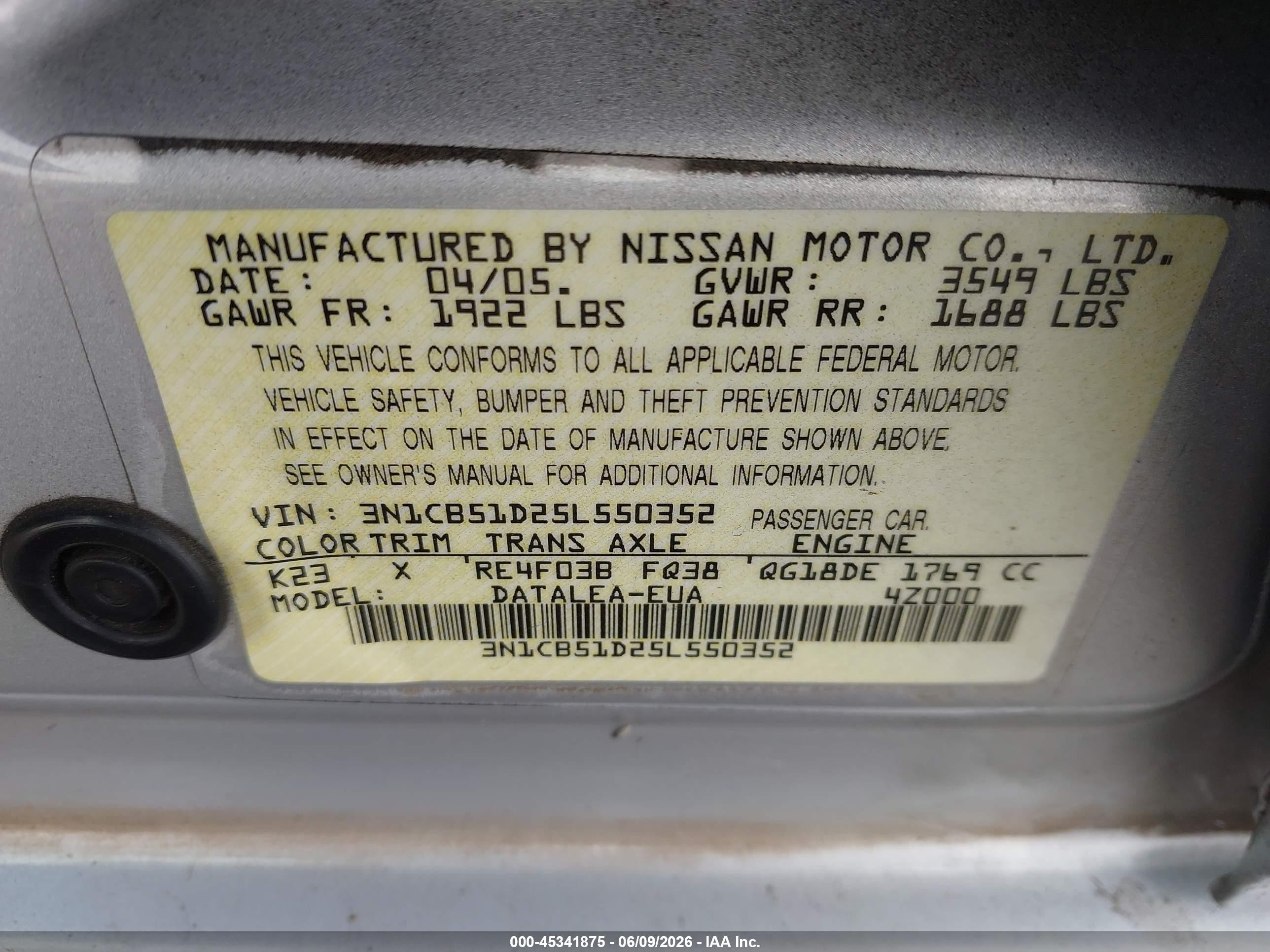 2005 Nissan Sentra 1.8s Silver vin: 3N1CB51D25L550352