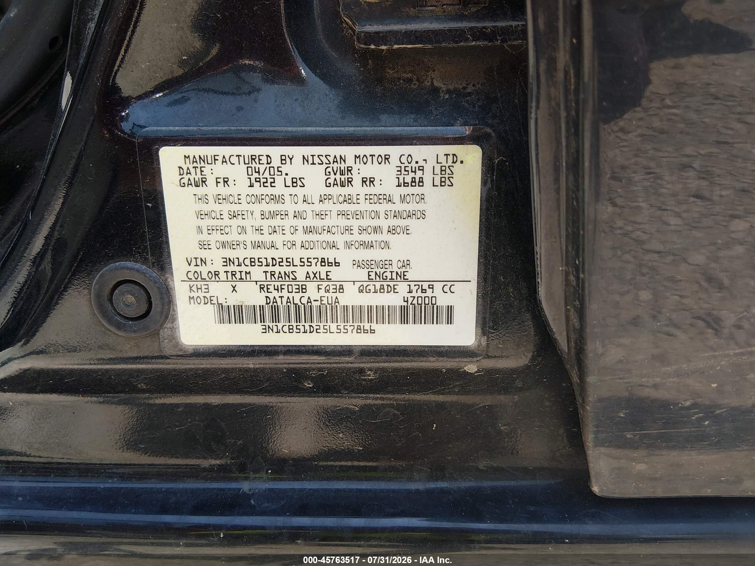 2005 Nissan Sentra 1.8 Black vin: 3N1CB51D25L557866