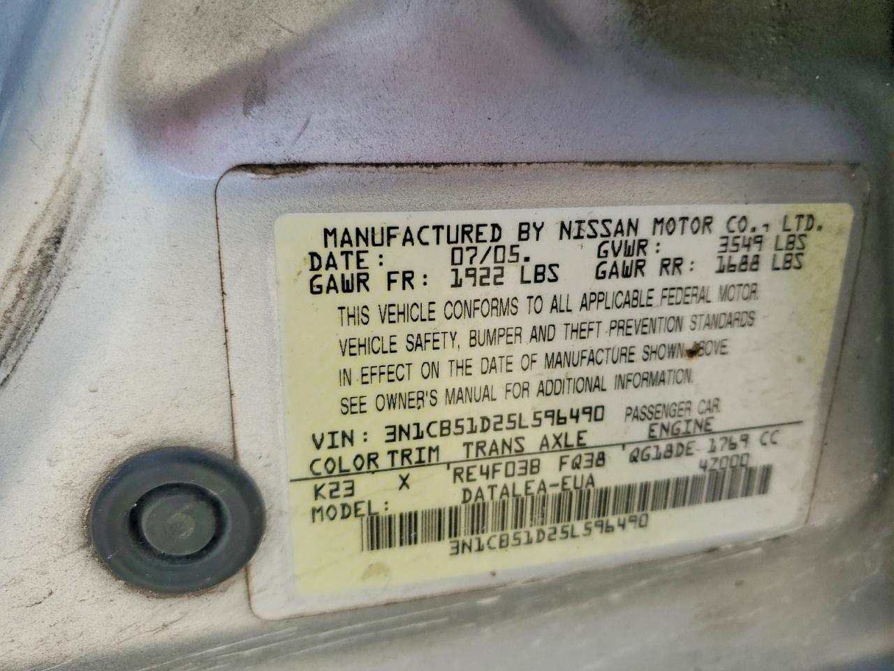 2005 Nissan Sentra 1.8 Silver vin: 3N1CB51D25L596490