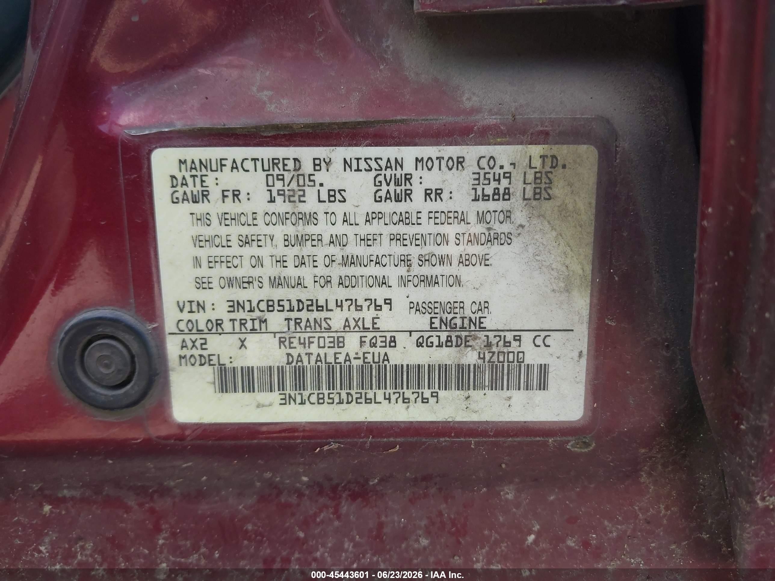 2006 Nissan Sentra 1.8s Maroon vin: 3N1CB51D26L476769