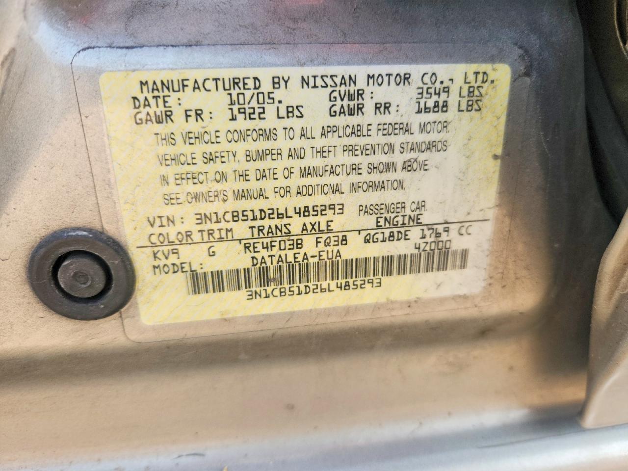2006 Nissan Sentra 1.8 Серый vin: 3N1CB51D26L485293