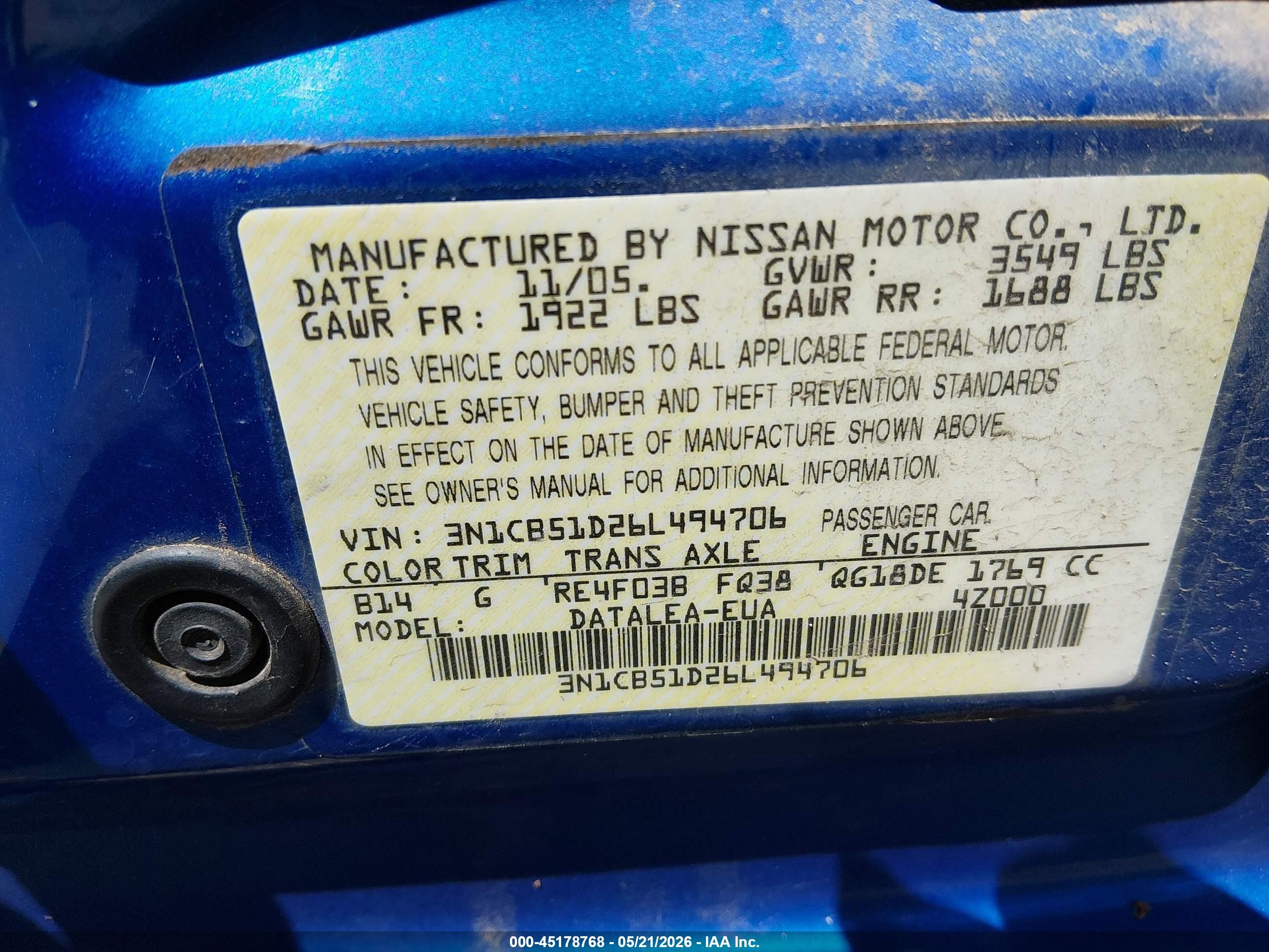 2006 Nissan Sentra 1.8s Blue vin: 3N1CB51D26L494706
