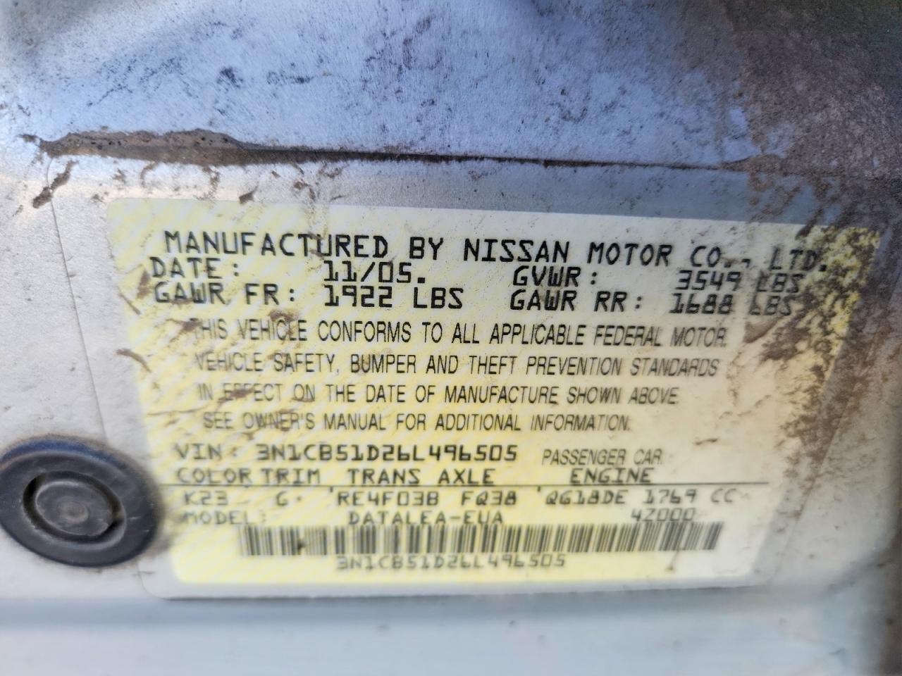 2006 Nissan Sentra 1.8 Silver vin: 3N1CB51D26L496505