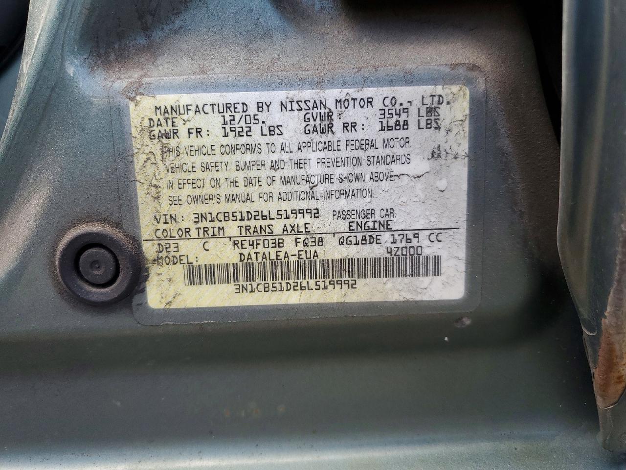 2006 Nissan Sentra 1.8 Зеленый vin: 3N1CB51D26L519992