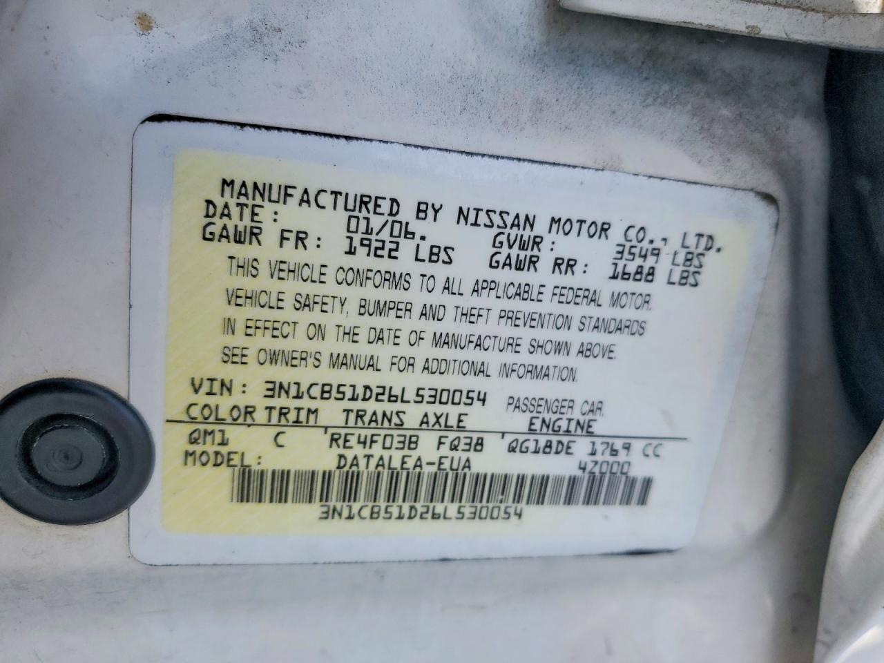 2006 Nissan Sentra 1.8 White vin: 3N1CB51D26L530054