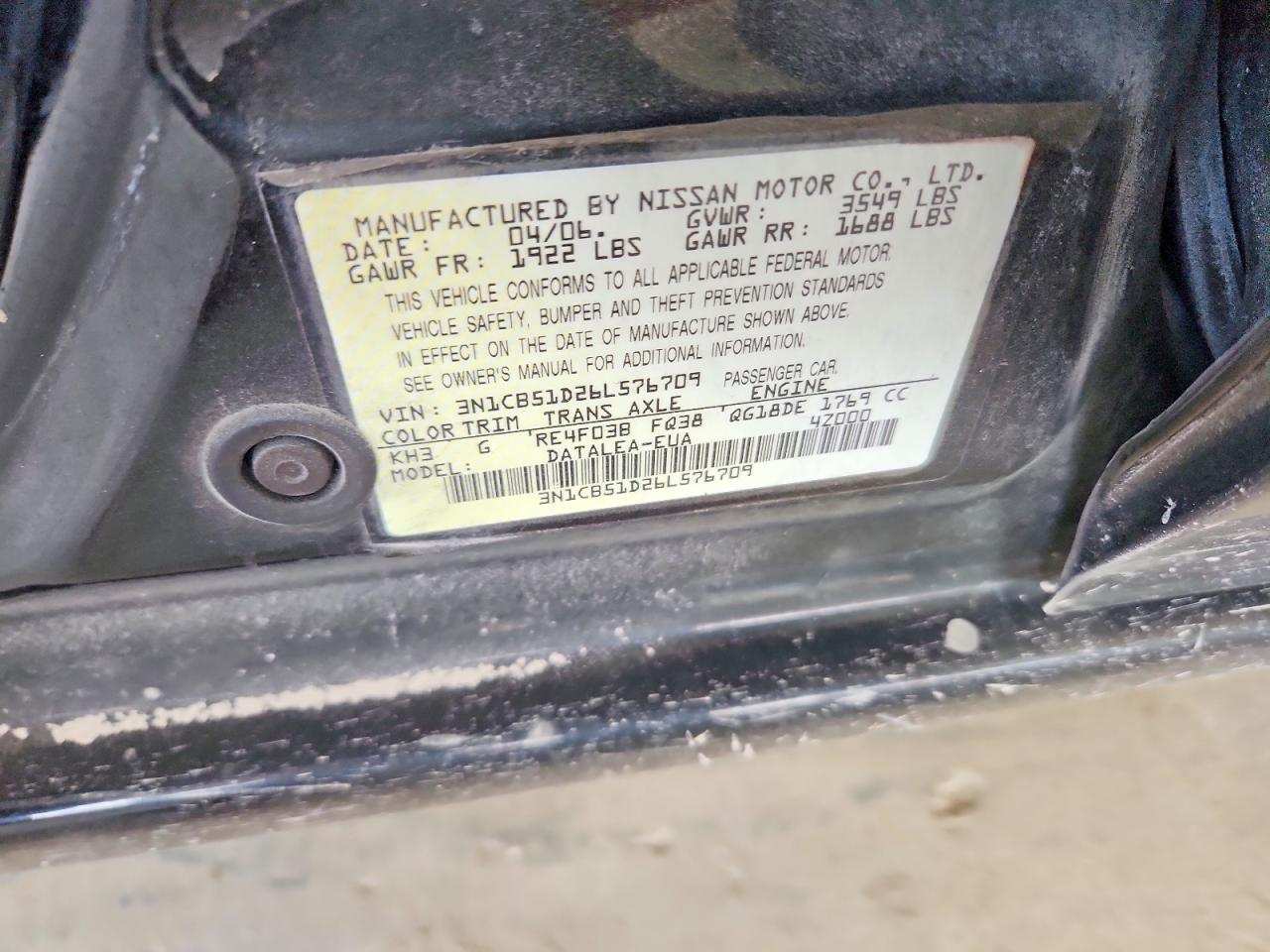 2006 Nissan Sentra 1.8 Black vin: 3N1CB51D26L576709