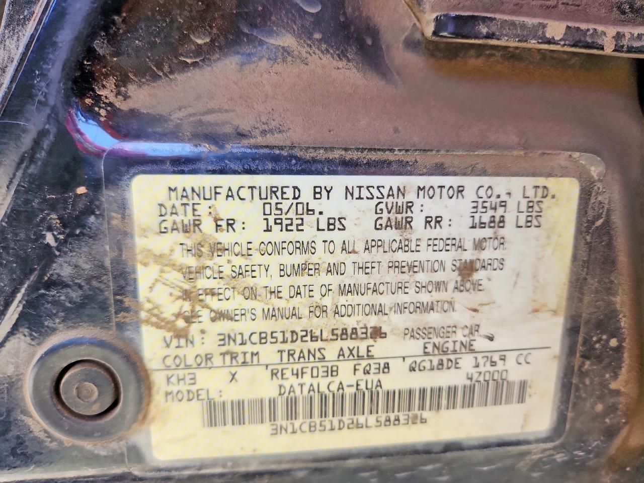 2006 Nissan Sentra 1.8 Black vin: 3N1CB51D26L588326
