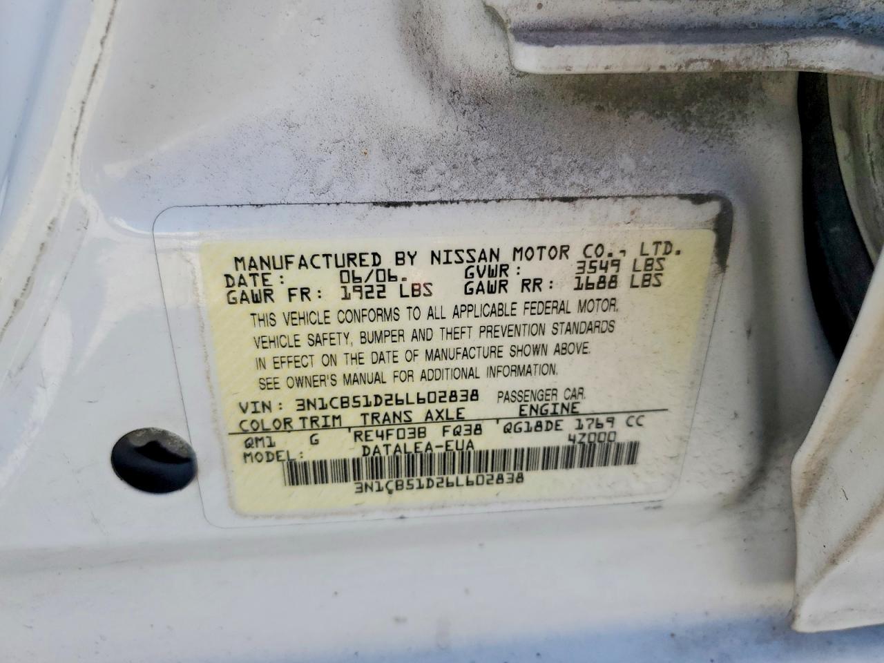 2006 Nissan Sentra 1.8 White vin: 3N1CB51D26L602838