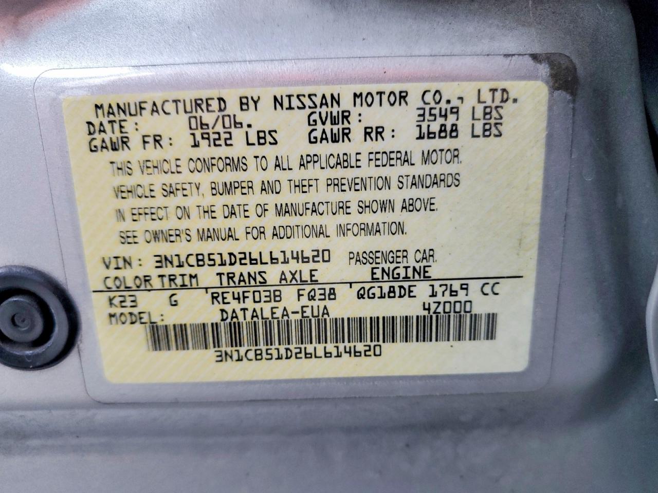 2006 Nissan Sentra 1.8 Серебряный vin: 3N1CB51D26L614620