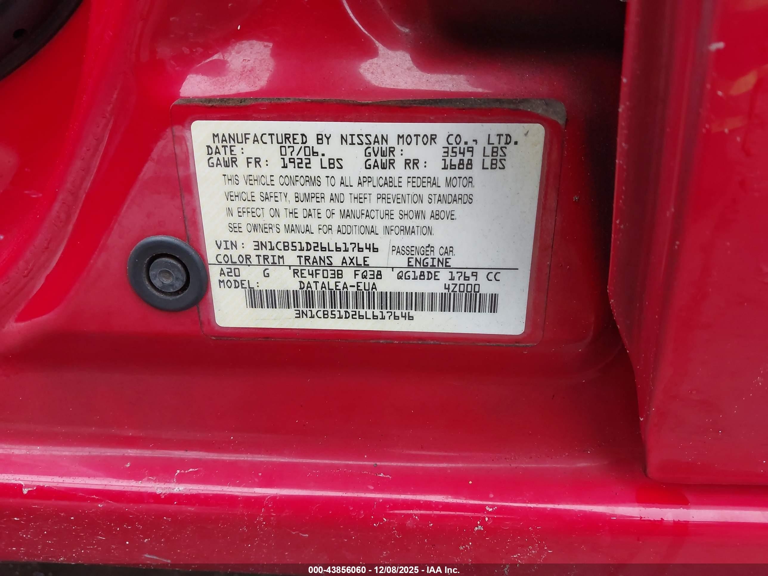 2006 Nissan Sentra 1.8s Красный vin: 3N1CB51D26L617646