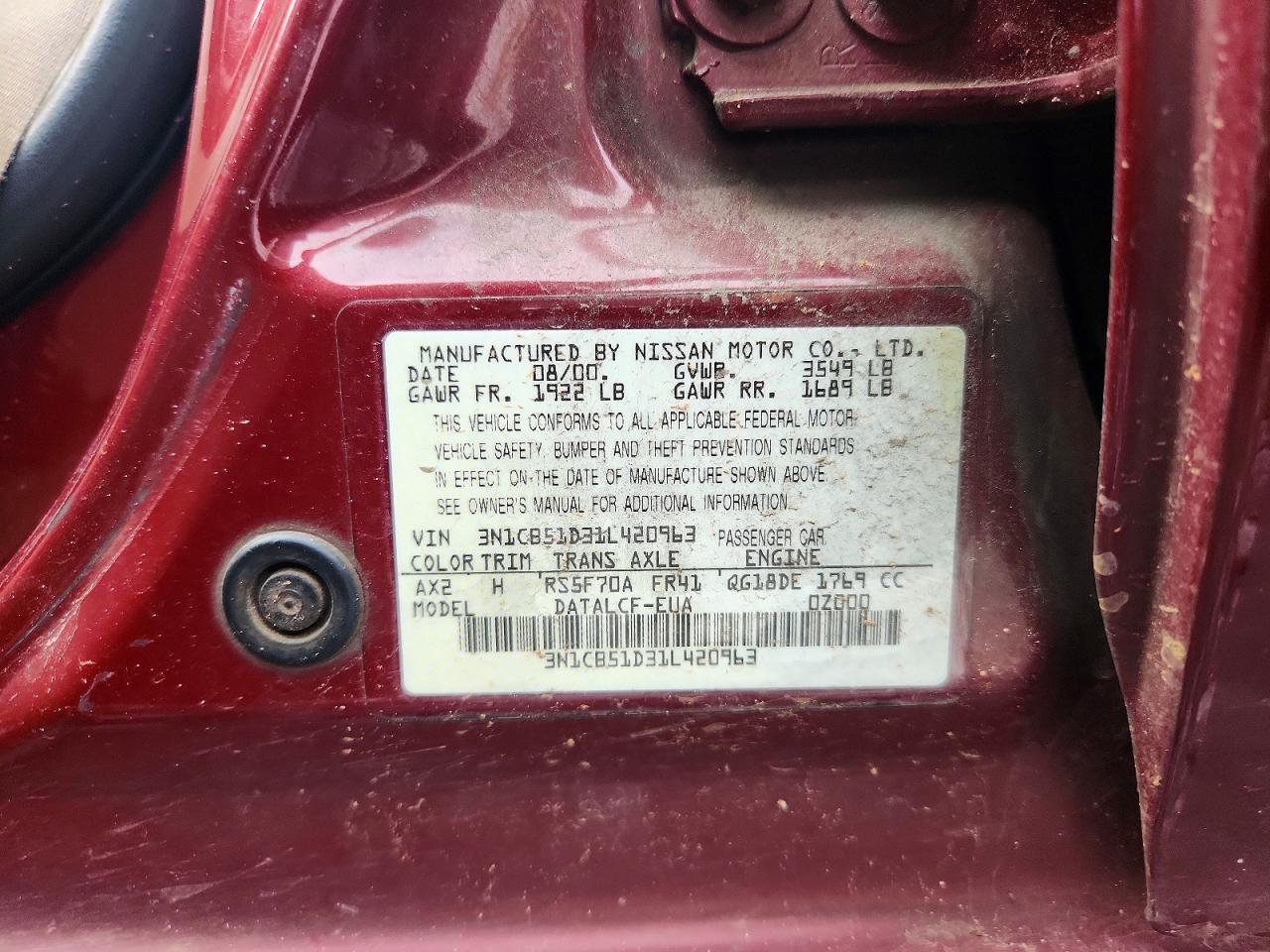 2001 Nissan Sentra Xe Burgundy vin: 3N1CB51D31L420963