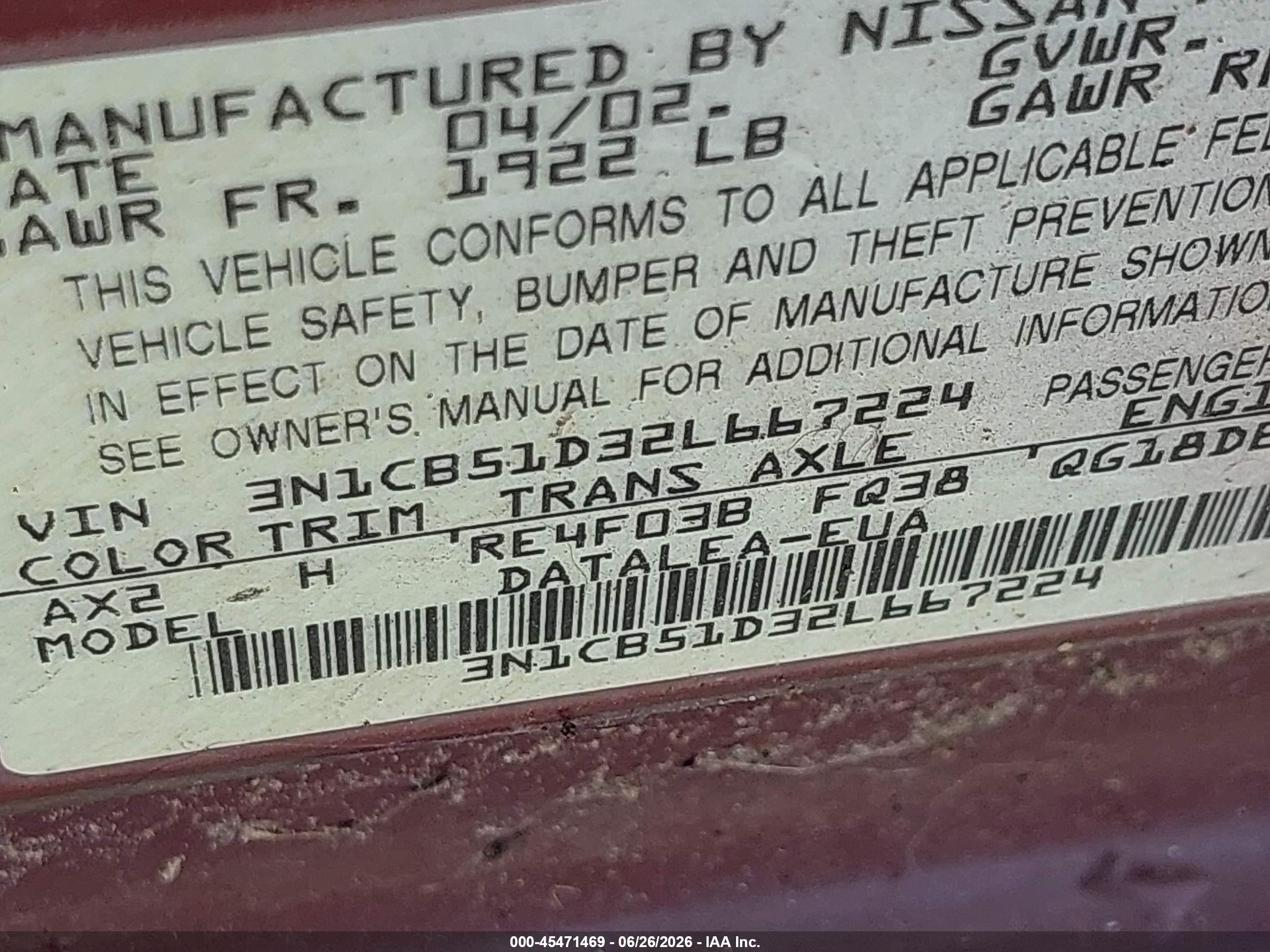 2002 Nissan Sentra Xe/gxe Red vin: 3N1CB51D32L667224