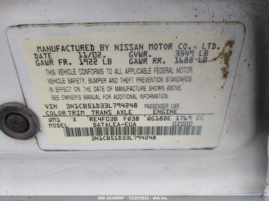 Price & History 2003 Nissan Sentra Gxe 1.8l I-4 Dohc, Vvt, 126hp