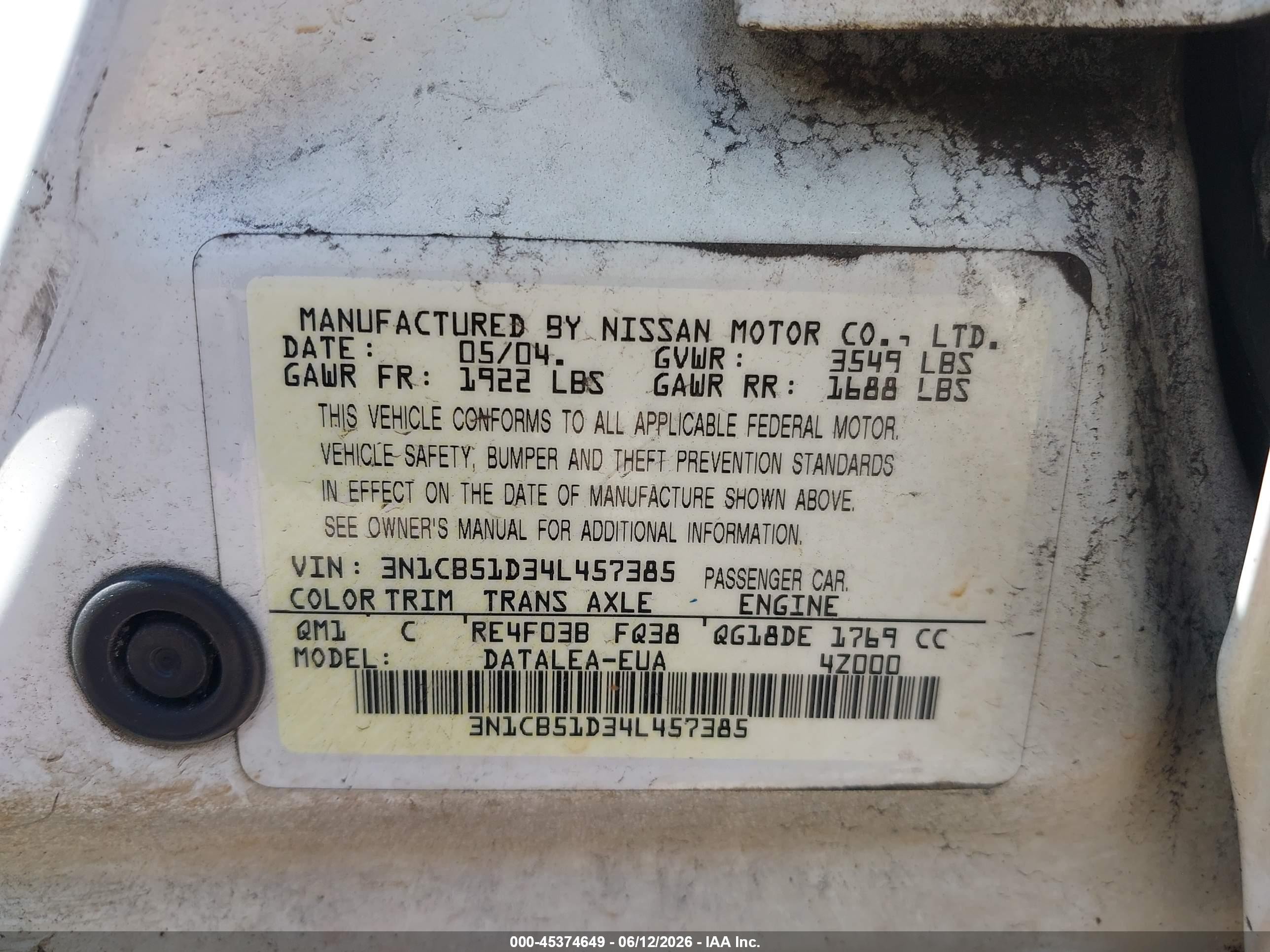2004 Nissan Sentra 1.8s White vin: 3N1CB51D34L457385