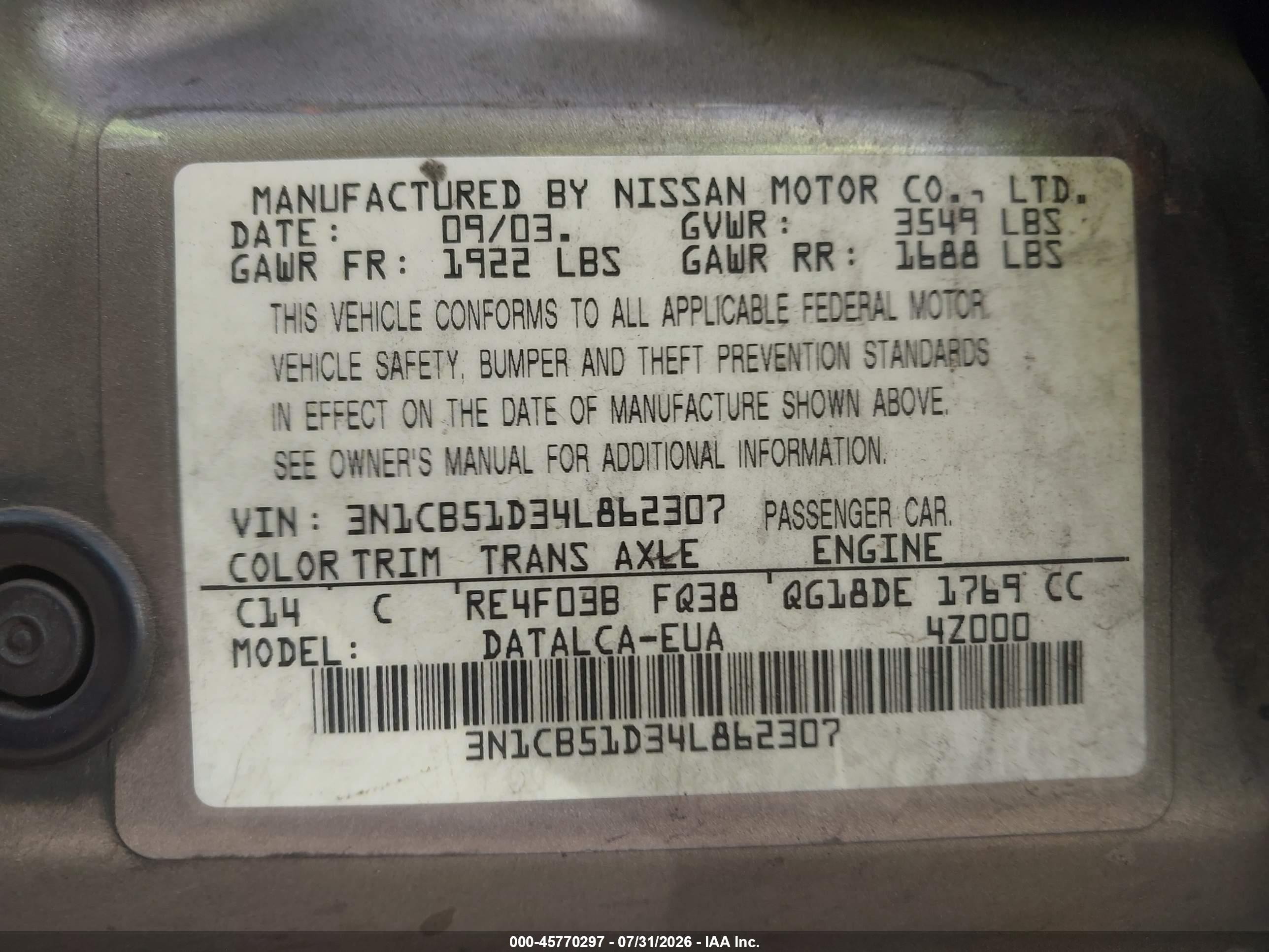 2004 Nissan Sentra 1.8 Brown vin: 3N1CB51D34L862307