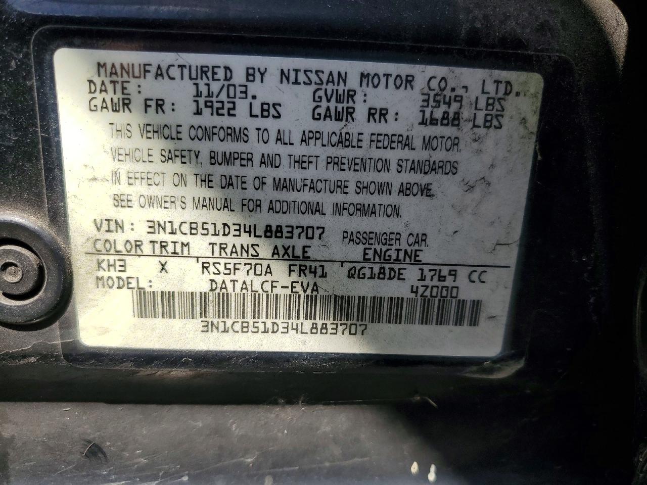 2004 Nissan Sentra 1.8 Black vin: 3N1CB51D34L883707
