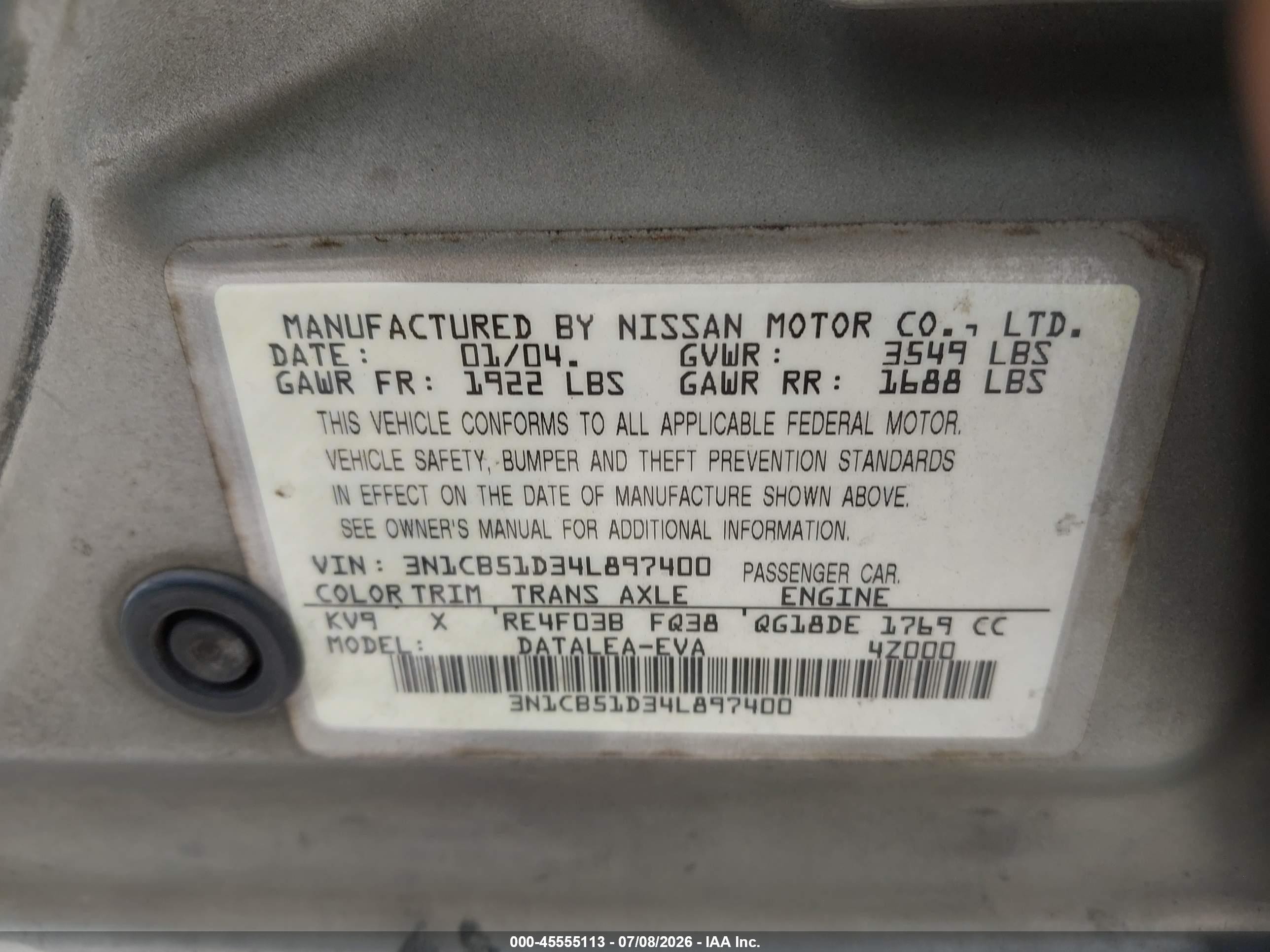 2004 Nissan Sentra 1.8s Cream vin: 3N1CB51D34L897400